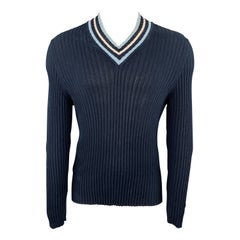 JOHN BARTLETT Größe XL Marineblau gestrickter Baumwollpullover mit V-Ausschnitt