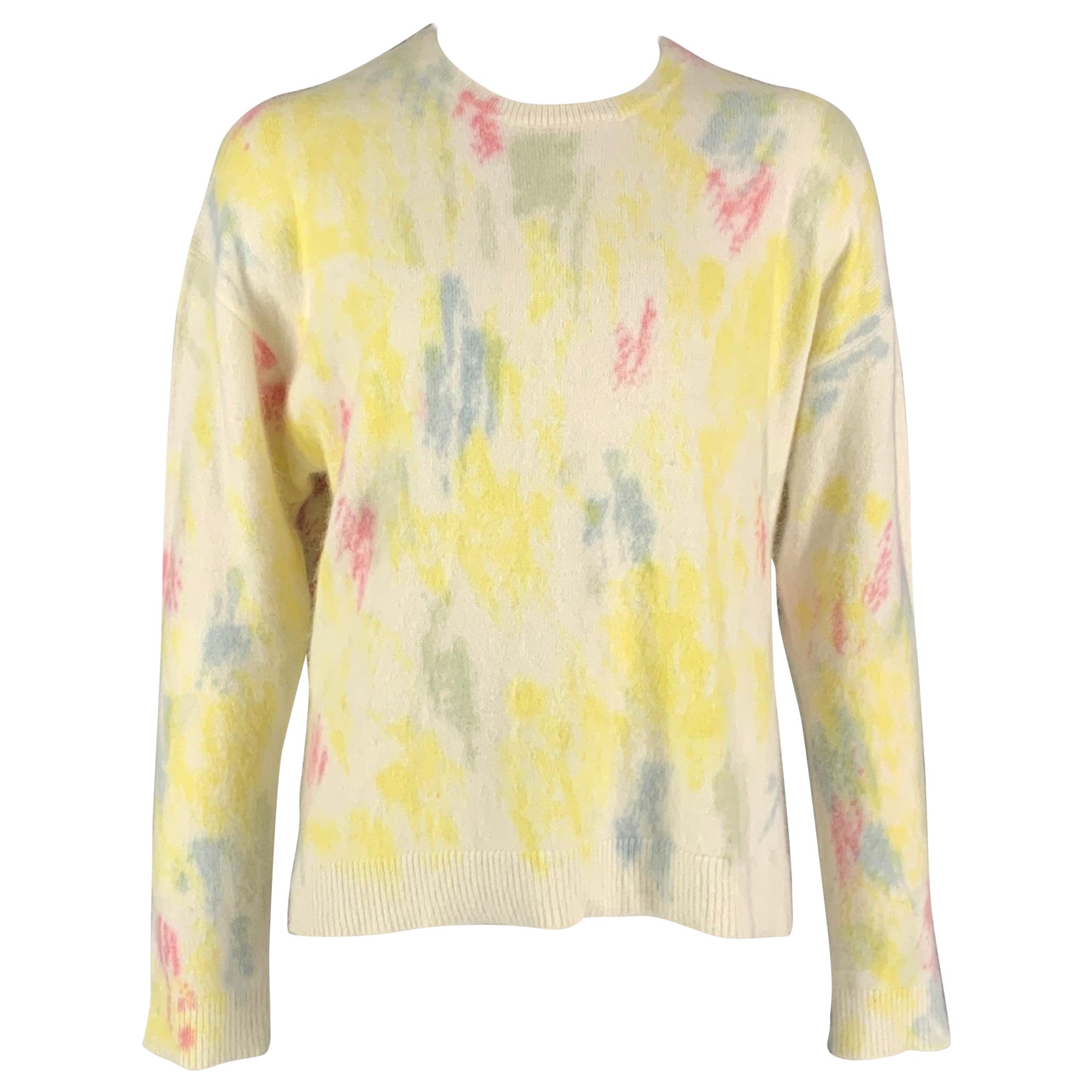 JOHN ELLIOTT Size XL Off White Yellow Painted Angora  Nylon Crew-Neck Sweater For Sale