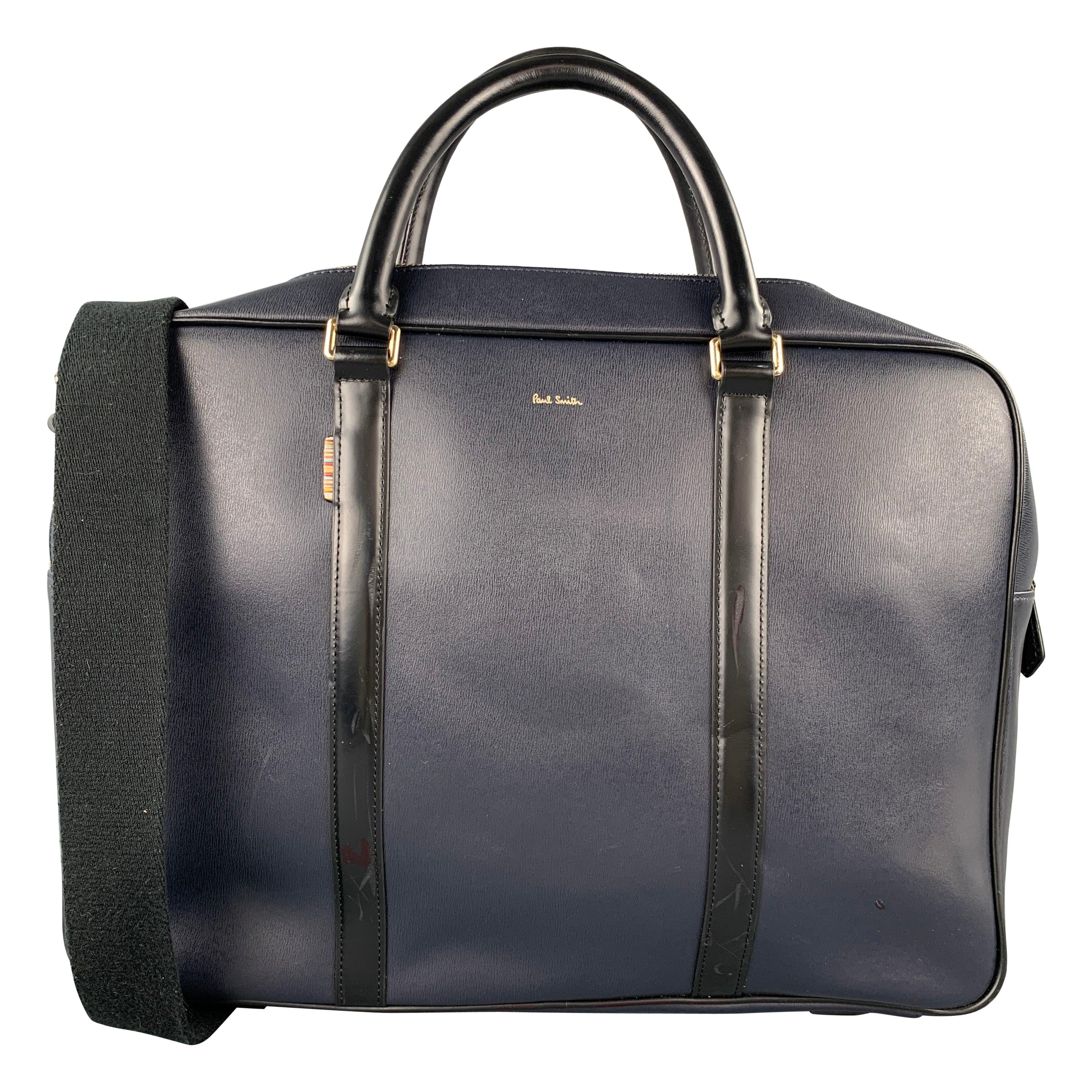 PAUL SMITH Navy & Black Leather Shoulder Strap Briefcase Bag For Sale