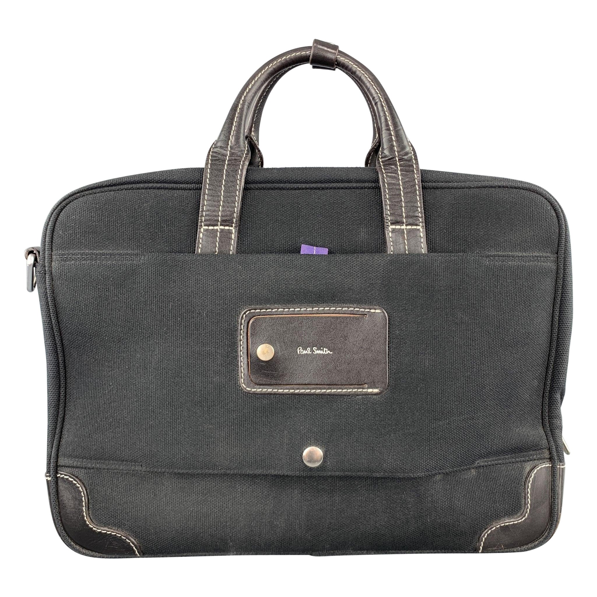 PAUL SMITH Contrast Stitch Black Canvas Leather Trim Work Bag For Sale