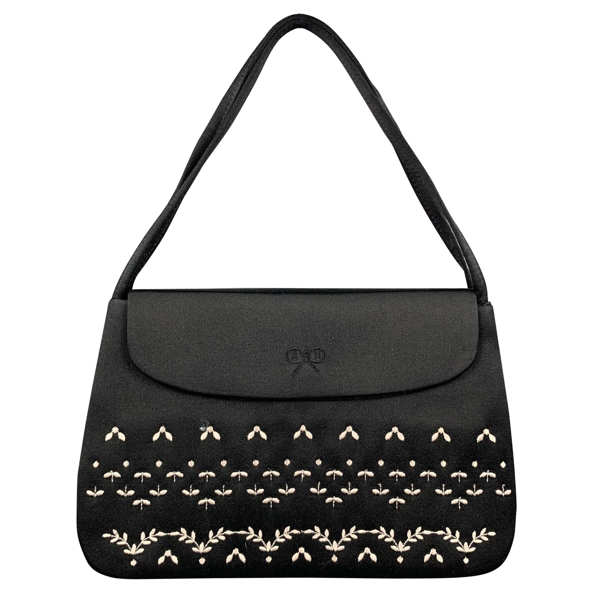 ANYA HINDMARCH Black Embroidered Satin Evening Mini Handbag For Sale