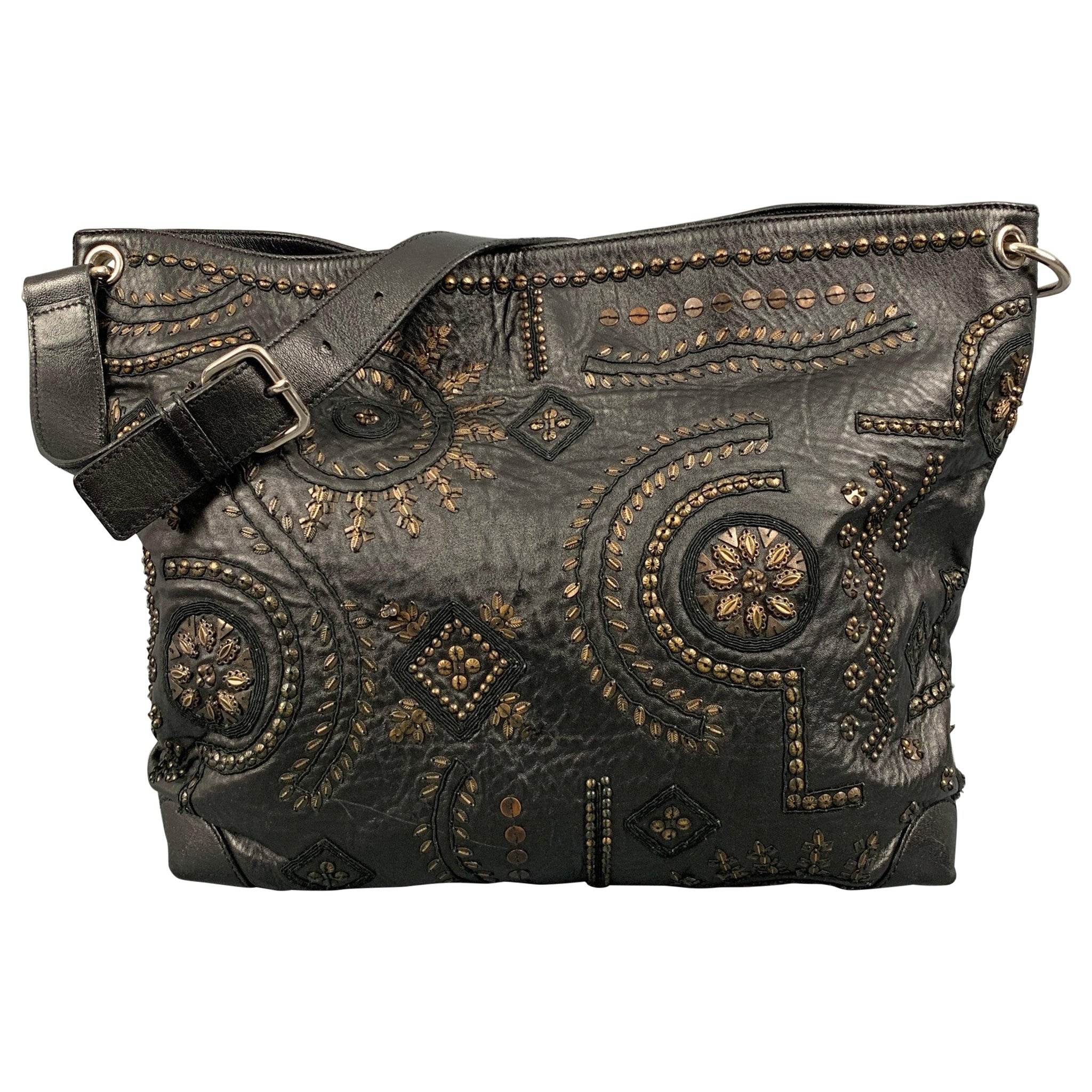 OSCAR DE LA RENTA Black Gold Studded Leather Handbag For Sale