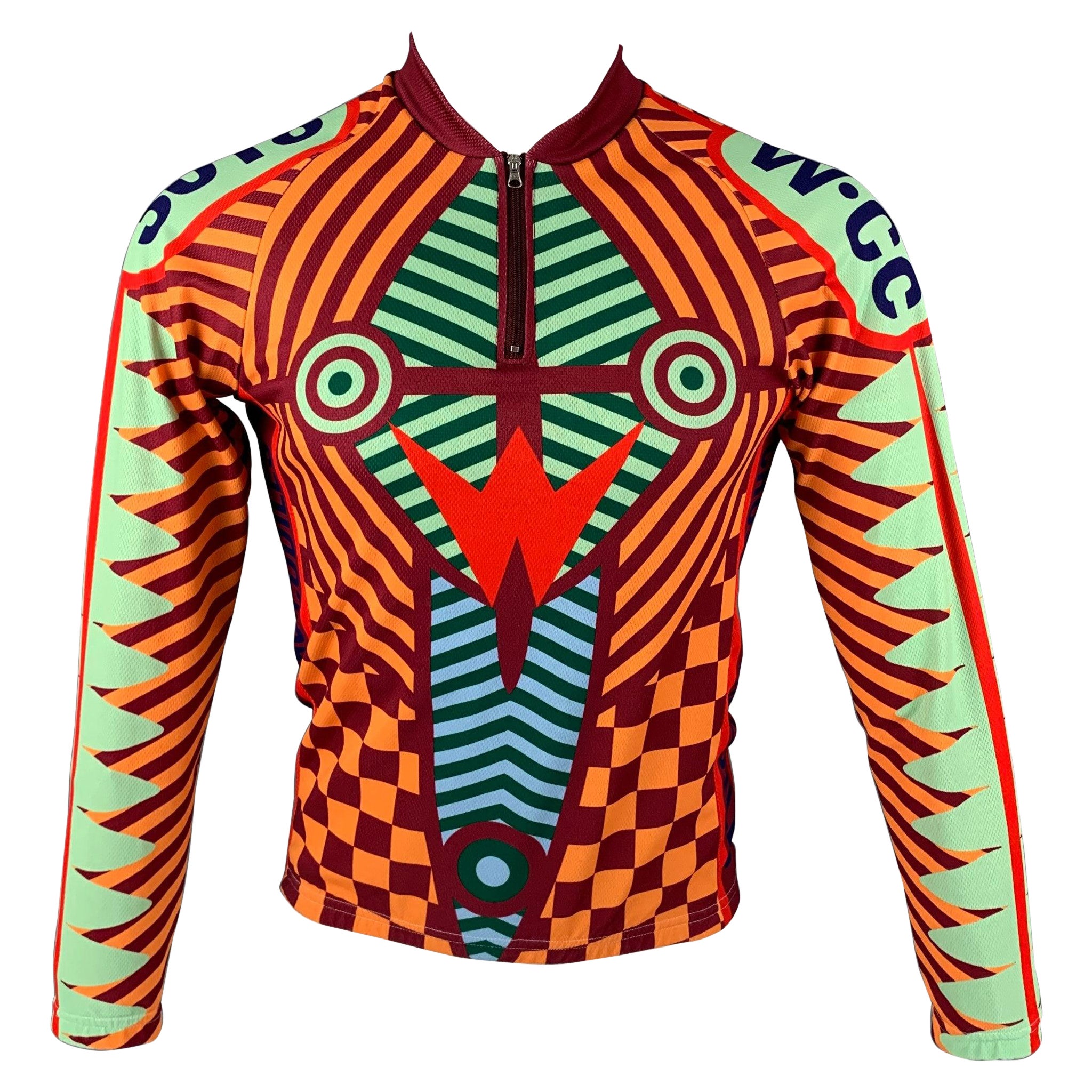 WALTER VAN BEIRENDONCK FW14 Size S Orange Burgundy Graphic Nylon Jersey Bike Top For Sale