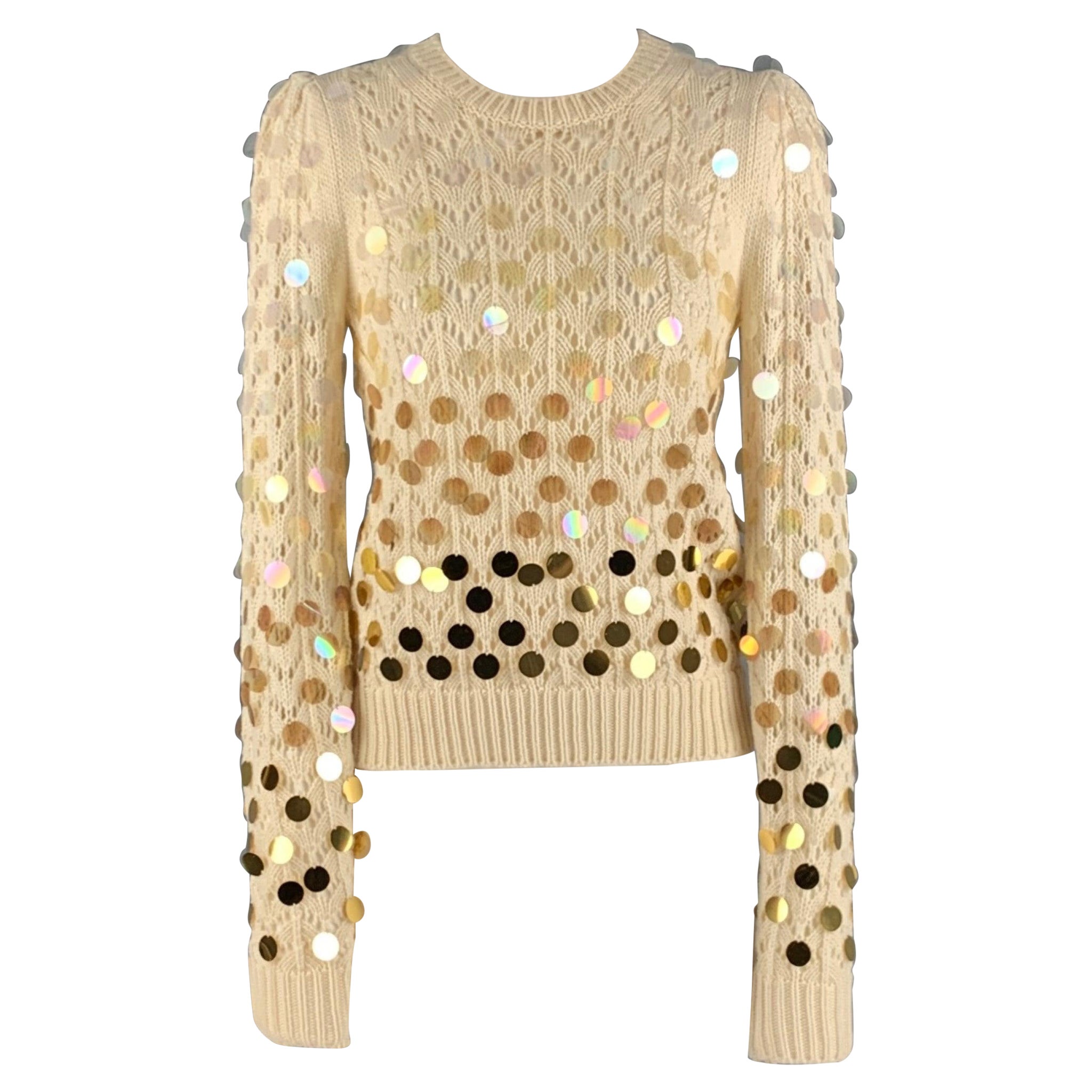 MARC JACOBS Size S Cream Gold Wool Cashmere Payettes Sweater For Sale