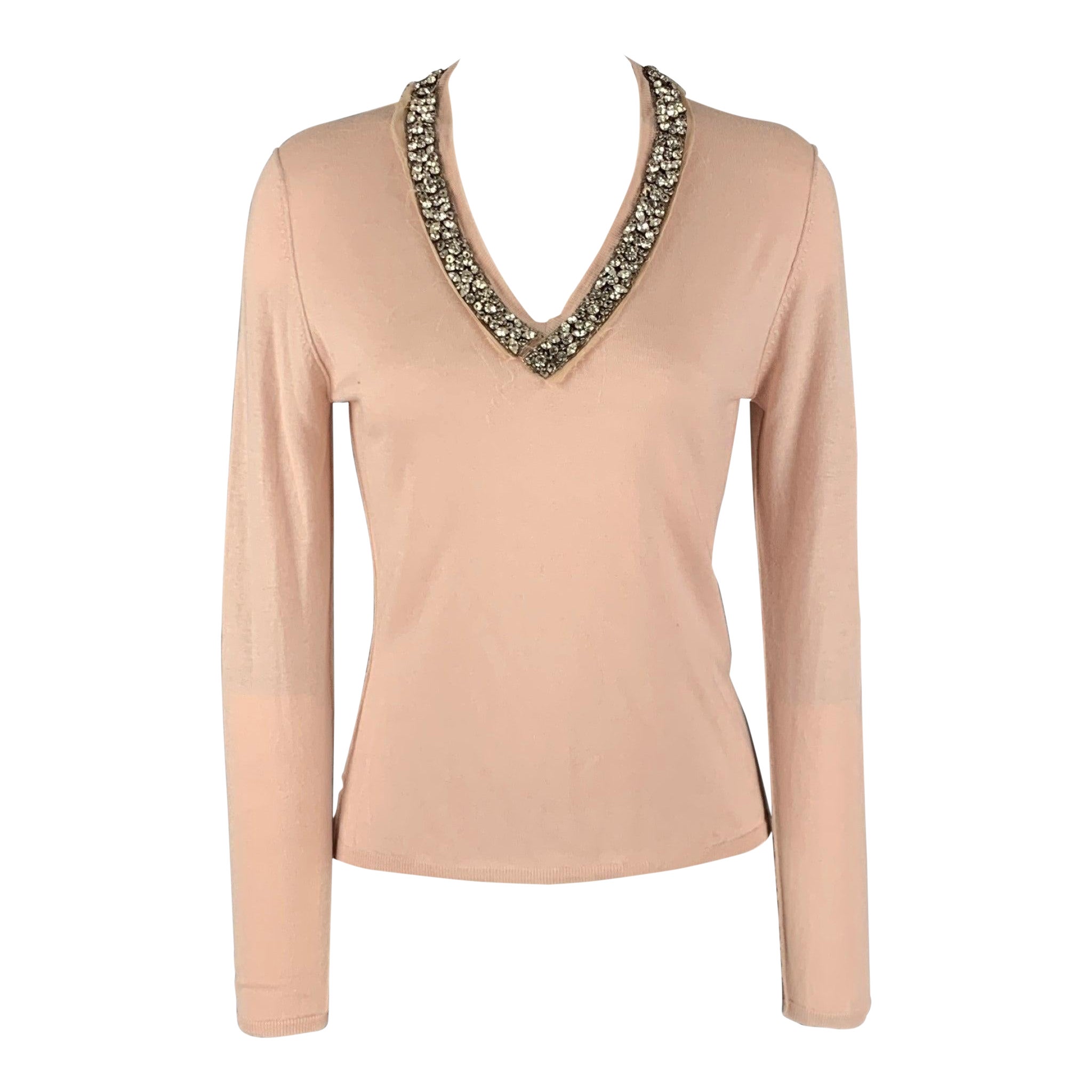 ROBERTO CAVALLI Size M Pink Cashmere Silk Rhinestones V-Neck Pullover For Sale