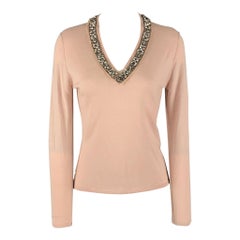 ROBERTO CAVALLI Size M Pink Cashmere Silk Rhinestones V-Neck Pullover