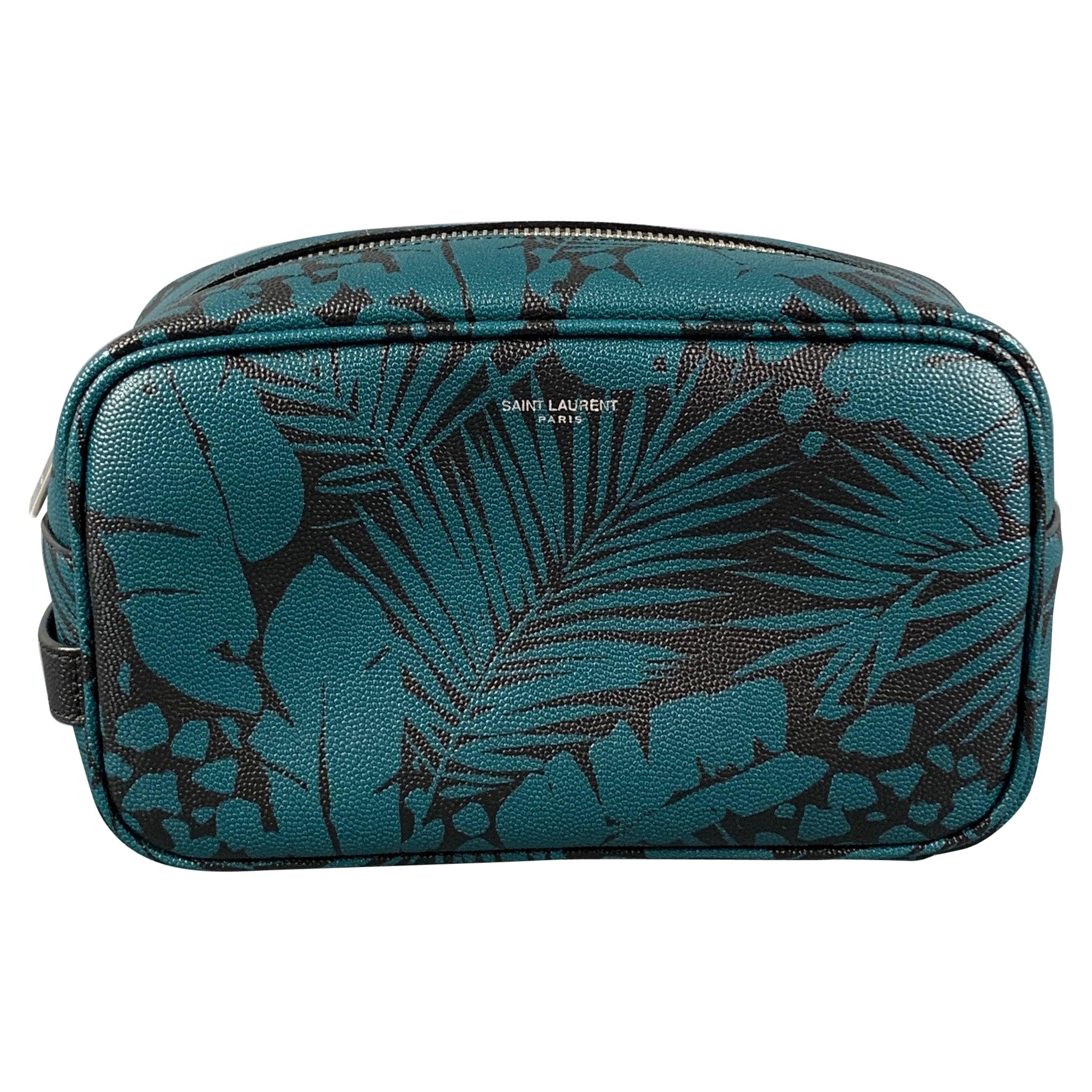 SAINT LAURENT Blue Black Leaves Canvas Toiletry Handbag For Sale