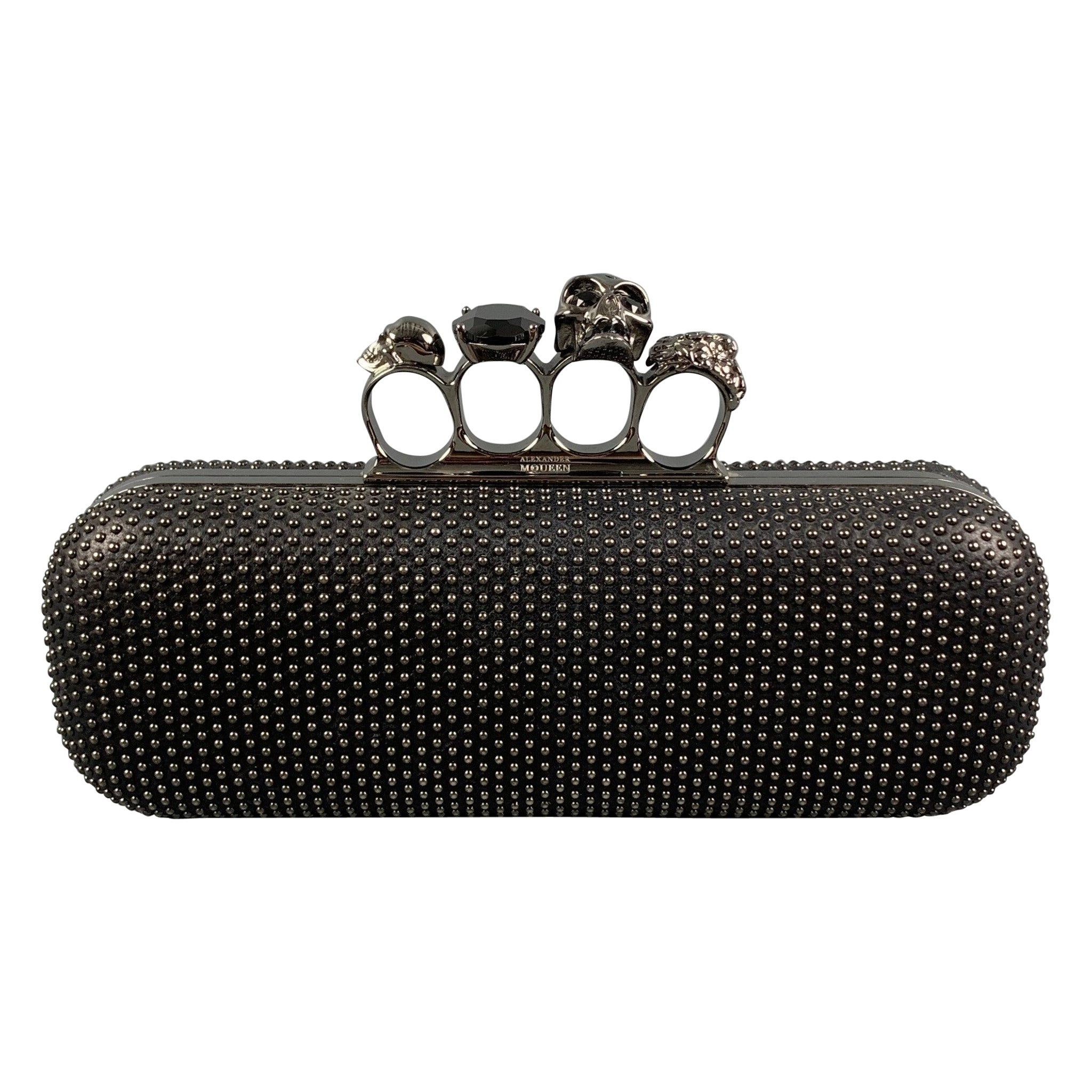 ALEXANDER MCQUEEN Black Silver Studded Leather Metal Knuckle Clutch For Sale