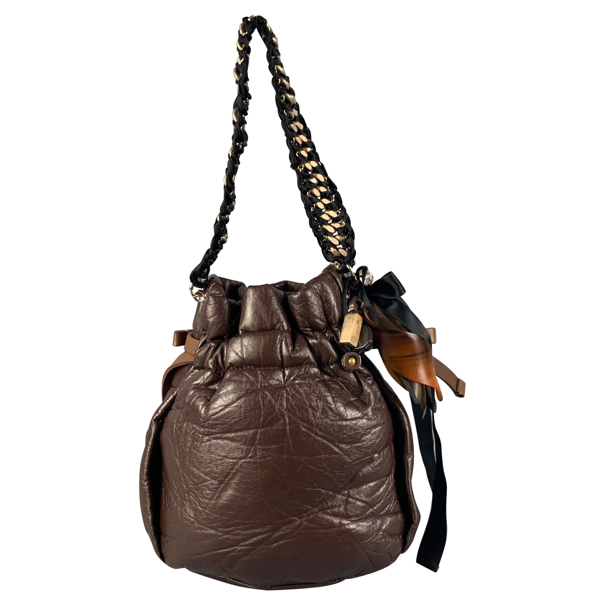 MARNI Brown Black Rhinestones Wrinkled Leather Handbag en vente