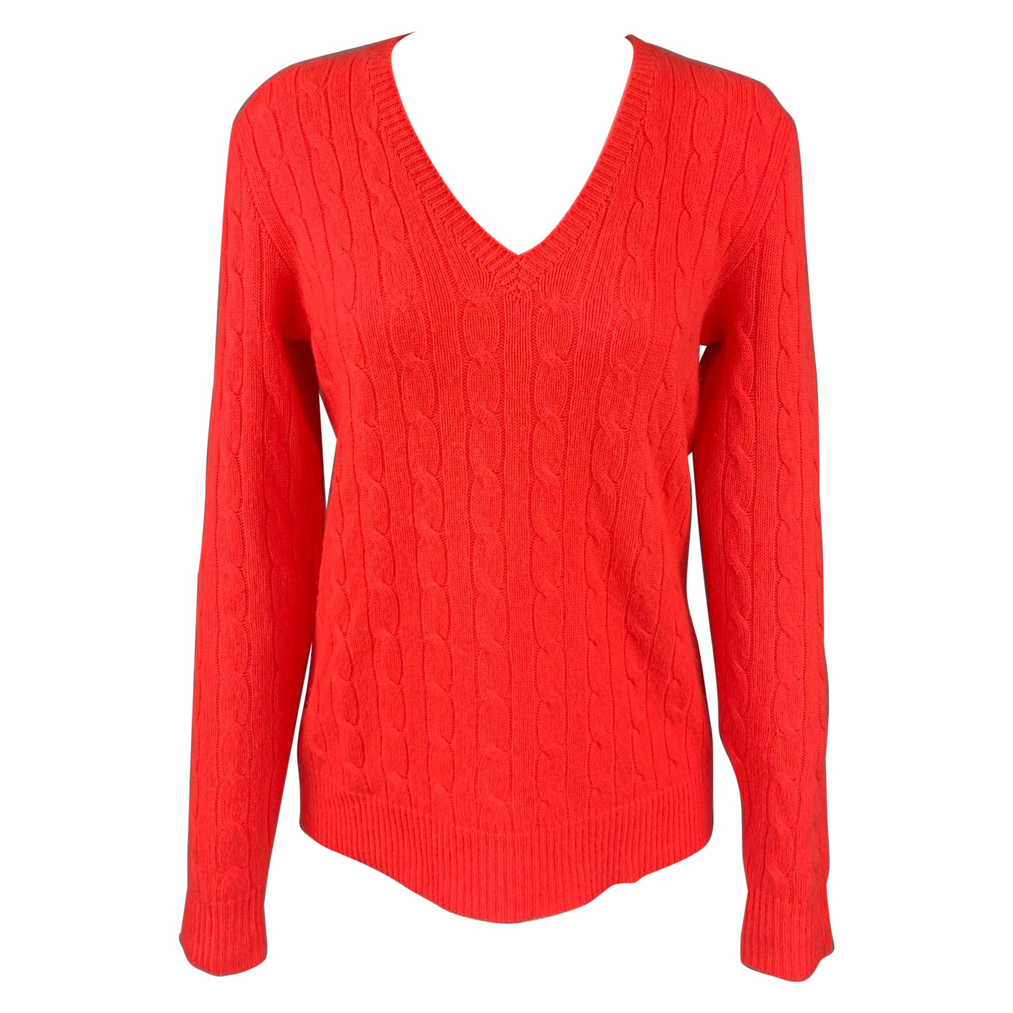 POLO by RALPH LAUREN Size M Orange Cable Knit Cashmere V-Neck Sweater For Sale