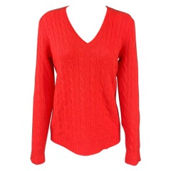 Used POLO by RALPH LAUREN Size M Orange Cable Knit Cashmere V-Neck Sweater