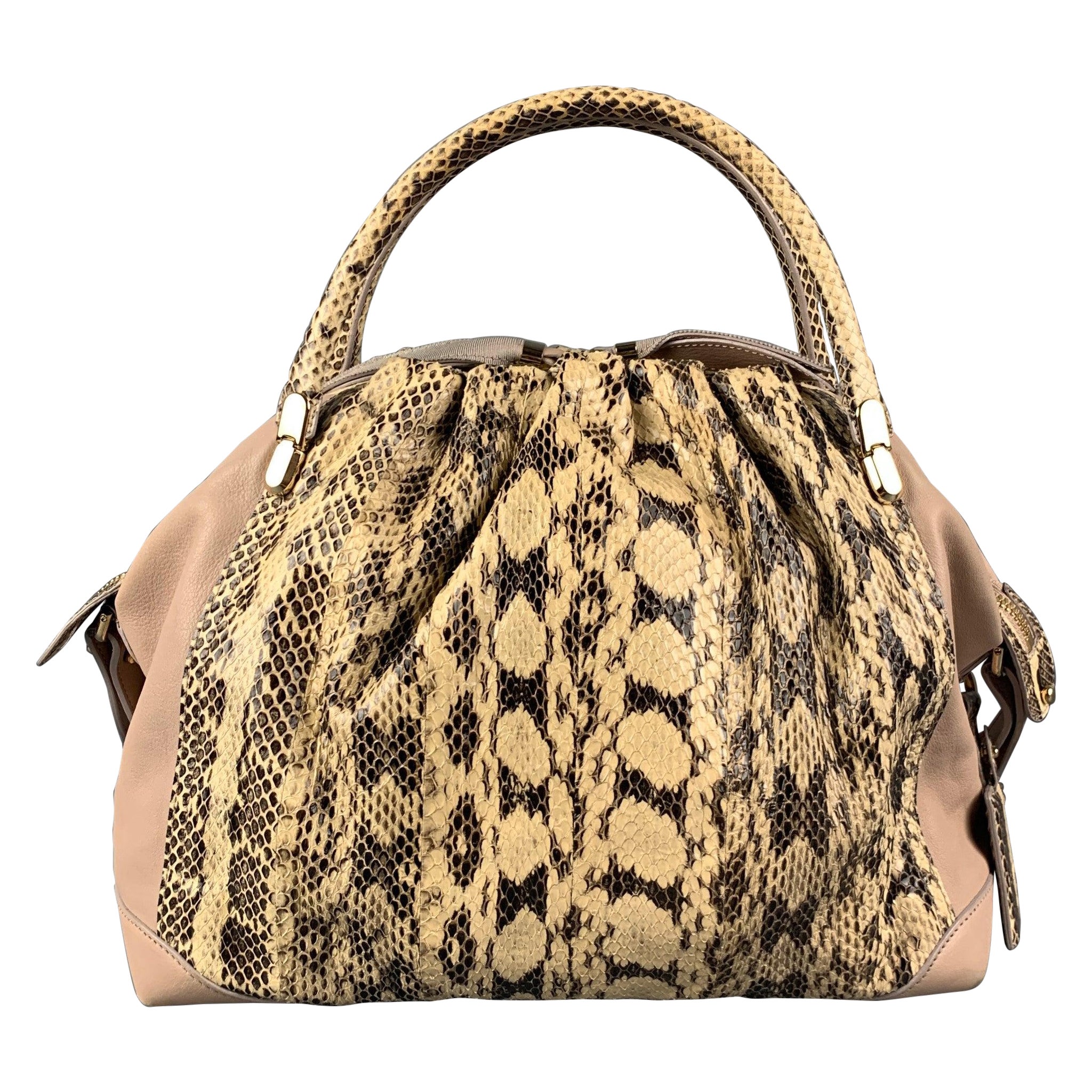 NINA RICCI Beige Brown Mixed Leathers Calfskin Satchel Handbag For Sale