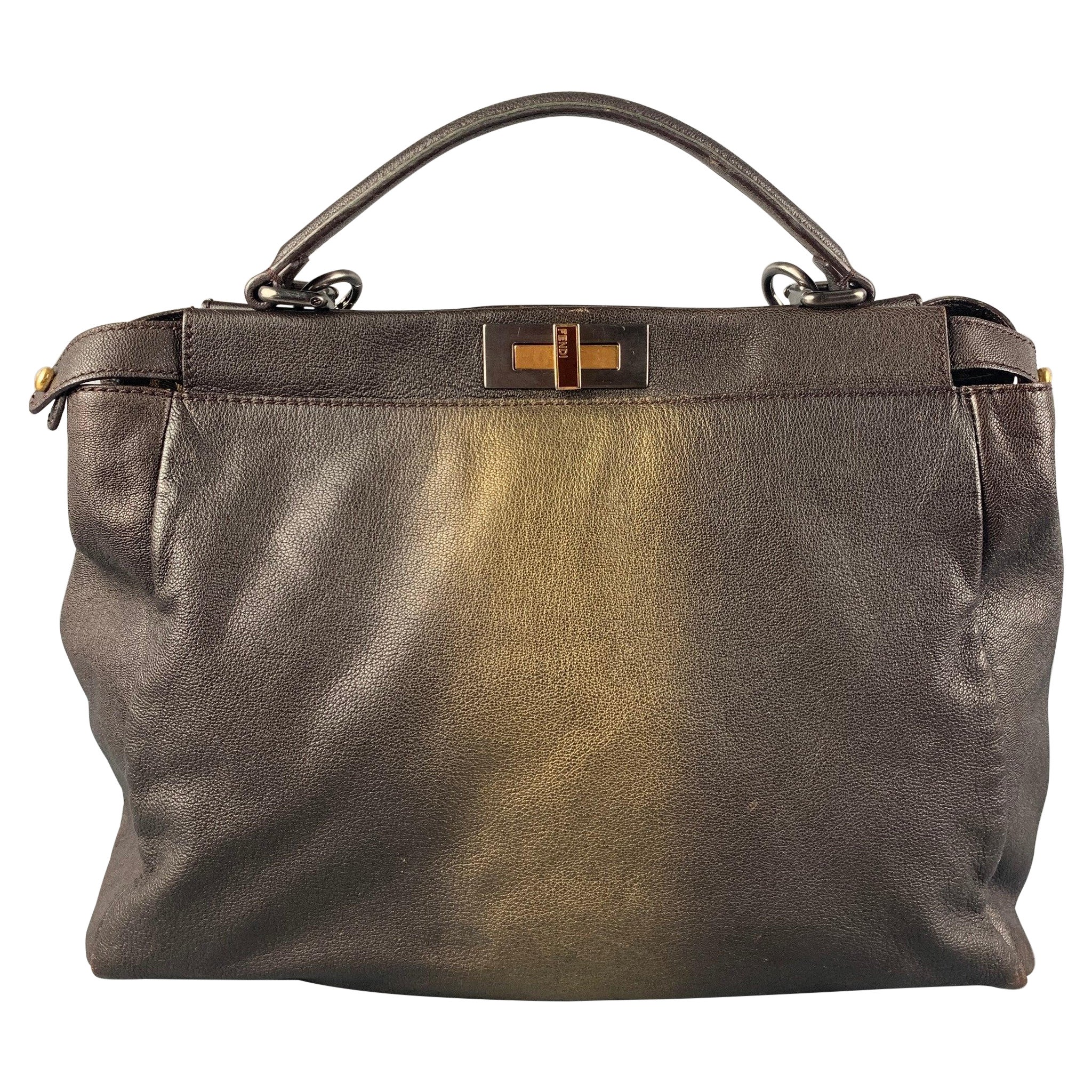 FENDI 2009 Brown Gold Ombre Leather Satchel Large Zucca Peekaboo Bag For Sale