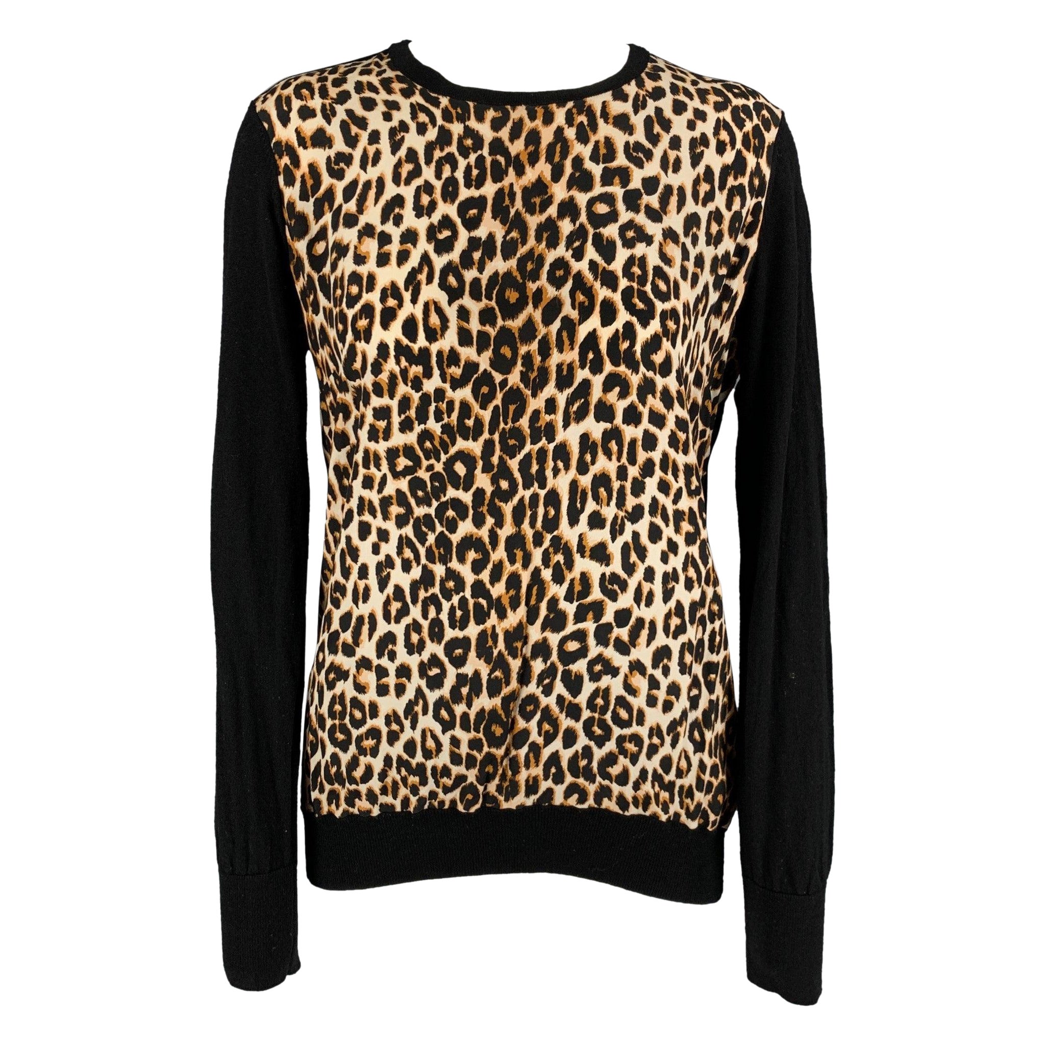 EQUIPMENT Size M Black Tan Wool Silk Leopard Crew-Neck Pullover For Sale