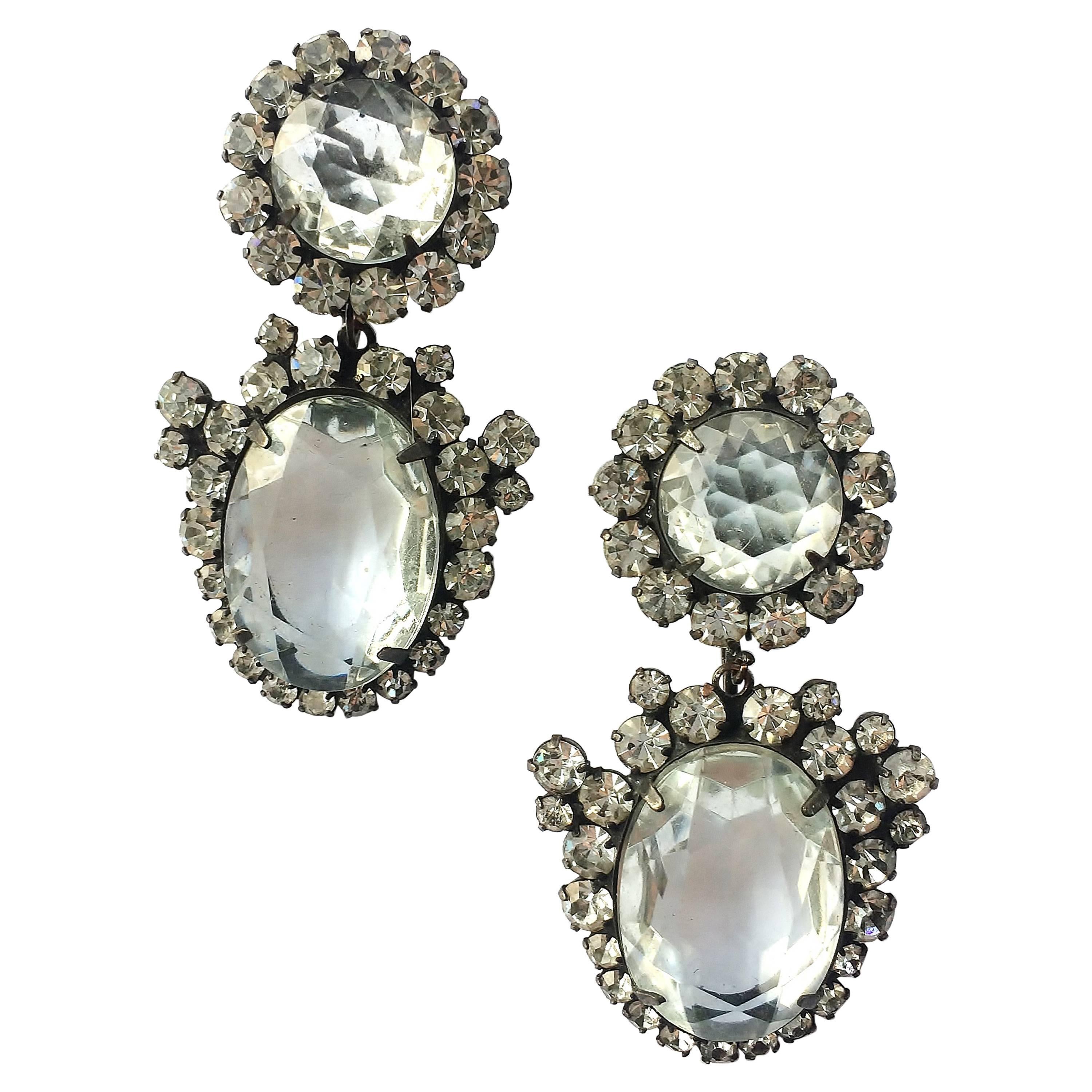 Clear and grey paste drop earrings, Kenneth Jay Lane (KJL), USA, 1960s For Sale