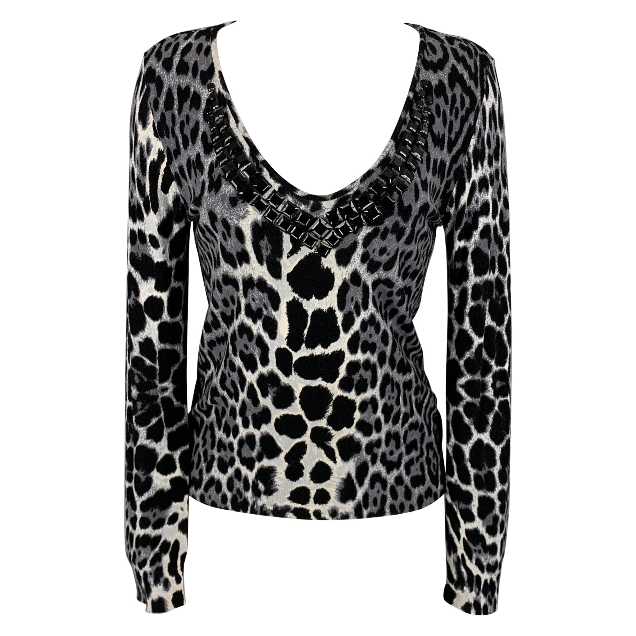 BLUMARINE Größe 8 Grau & Schwarzer Jersey-Pullover mit Tierdruck und Tiermuster