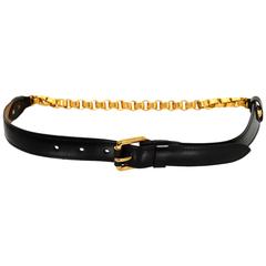 Louis Vuitton Black Leather and Goldtone Chain Belt Sz 75