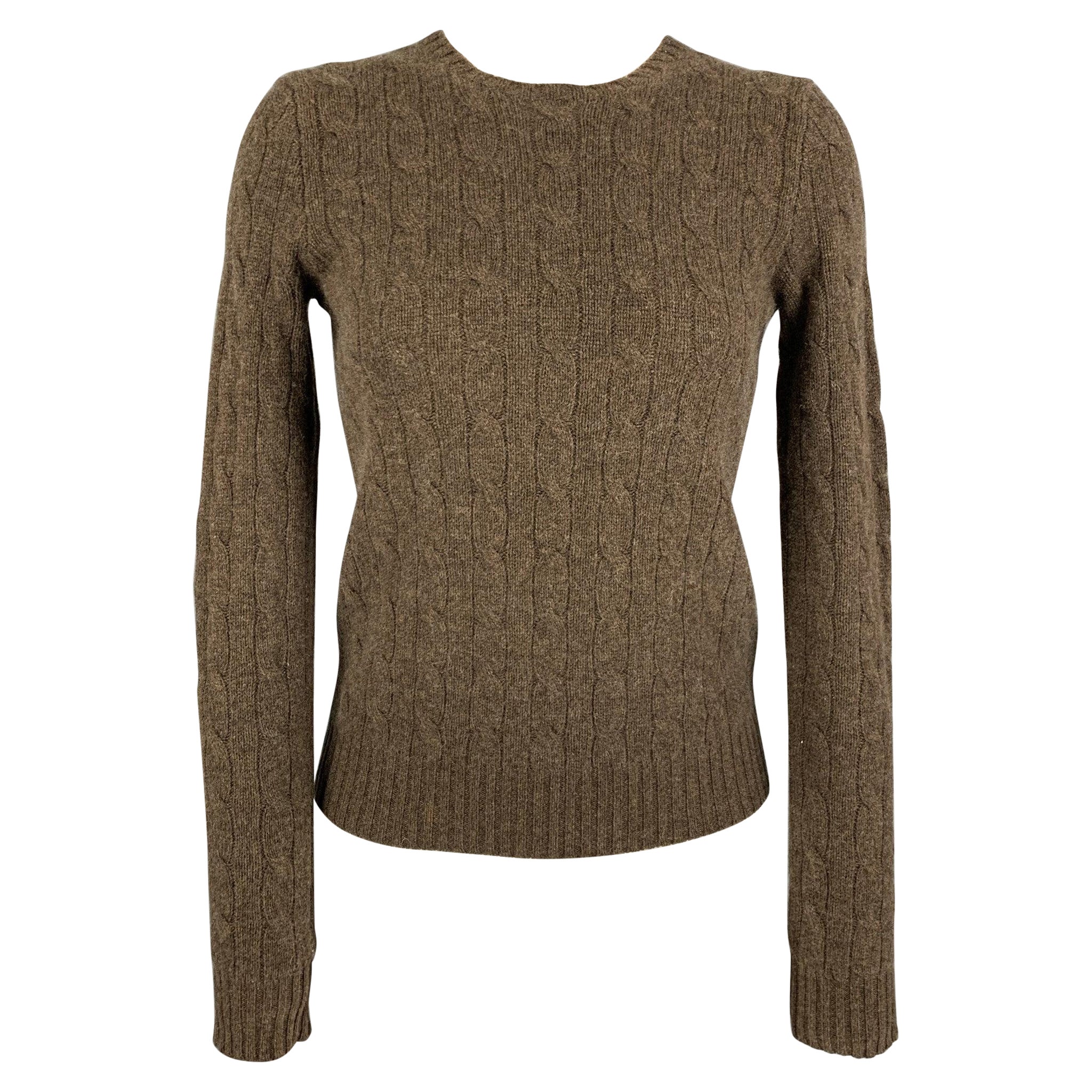 RALPH LAUREN Brown Cashmere Cable Knit Crew-Neck Sweater For Sale
