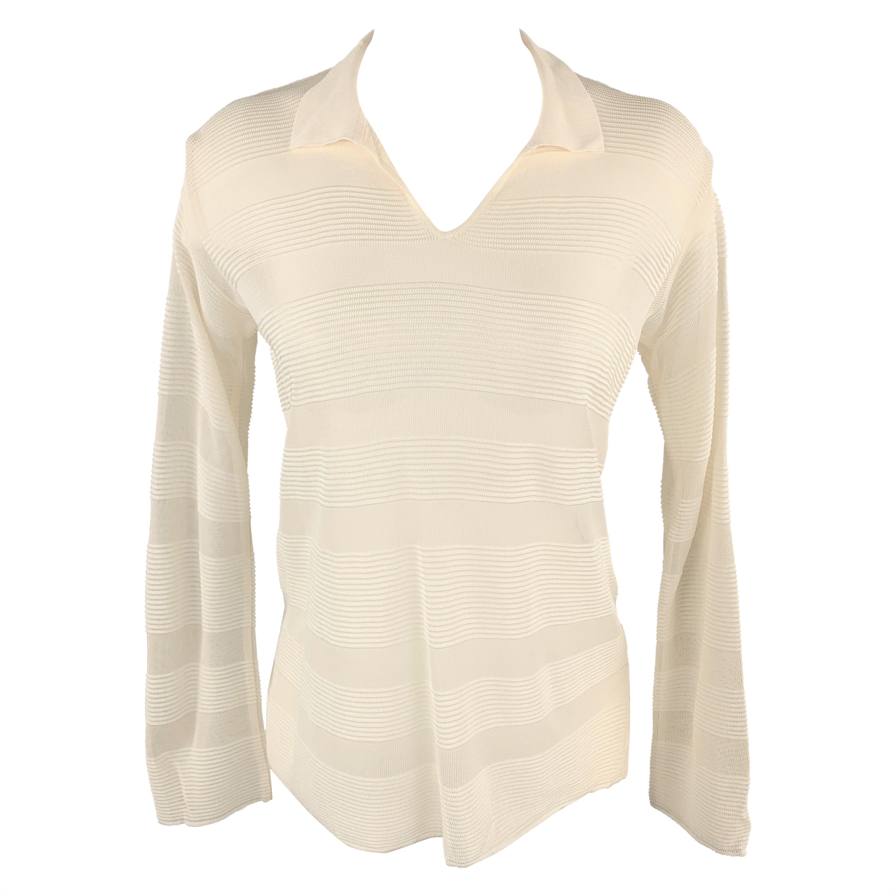 GIORGIO ARMANI Size 4 Cream Burnout Striped Viscose Collared Pullover For Sale