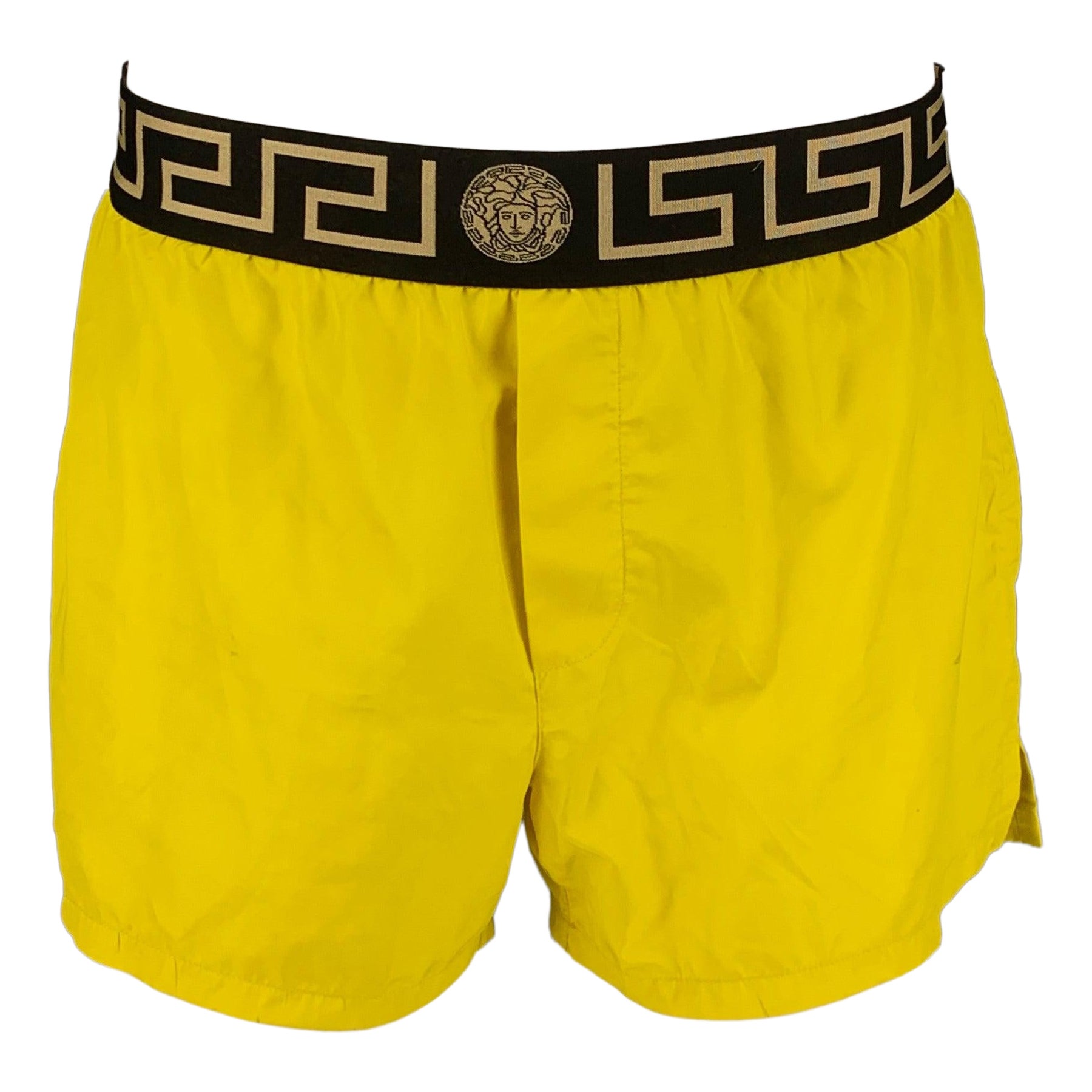VERSACE Size M Yellow Black Gold Nylon Drawstring Swim Trunks For Sale