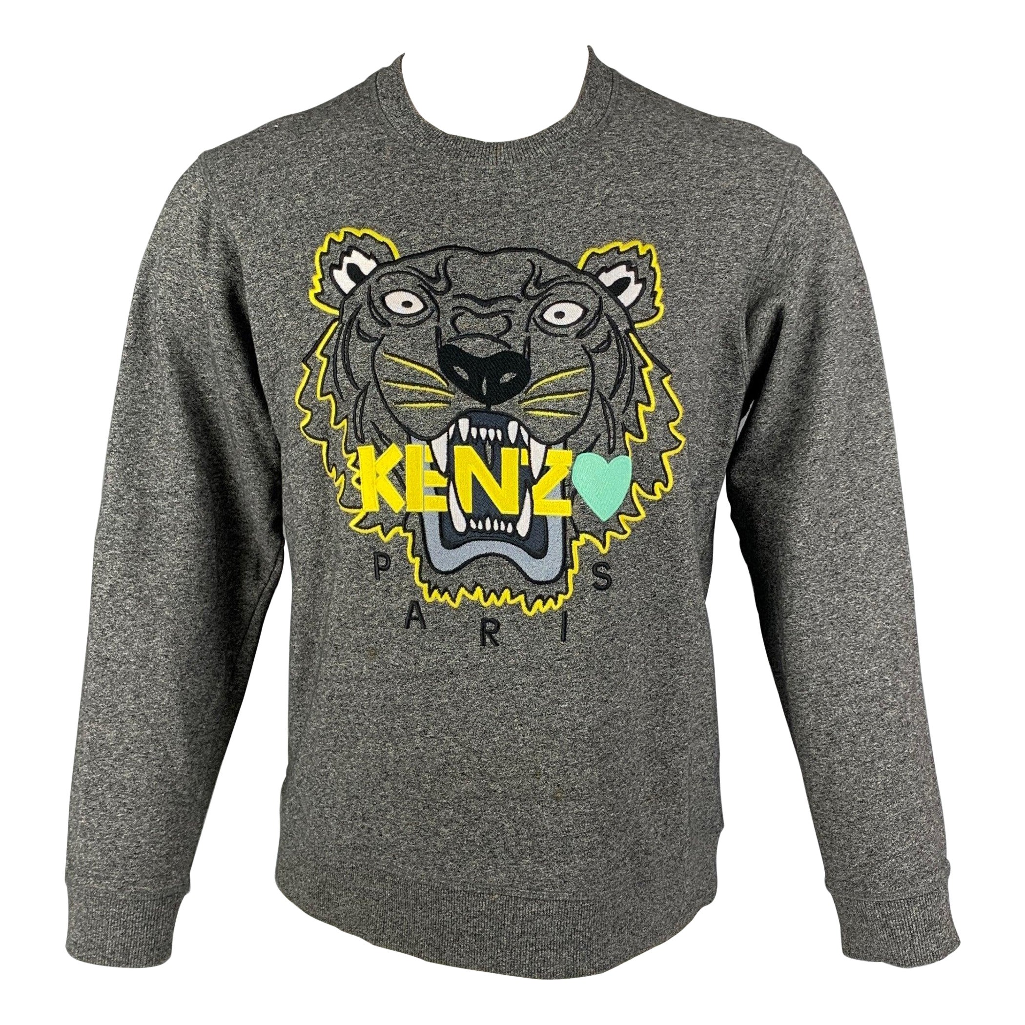 KENZO Size M Grey Yellow Embroidery Cotton Crew-Neck Pullover For Sale