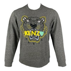 KENZO Size M Grey Yellow Embroidery Cotton Crew-Neck Pullover