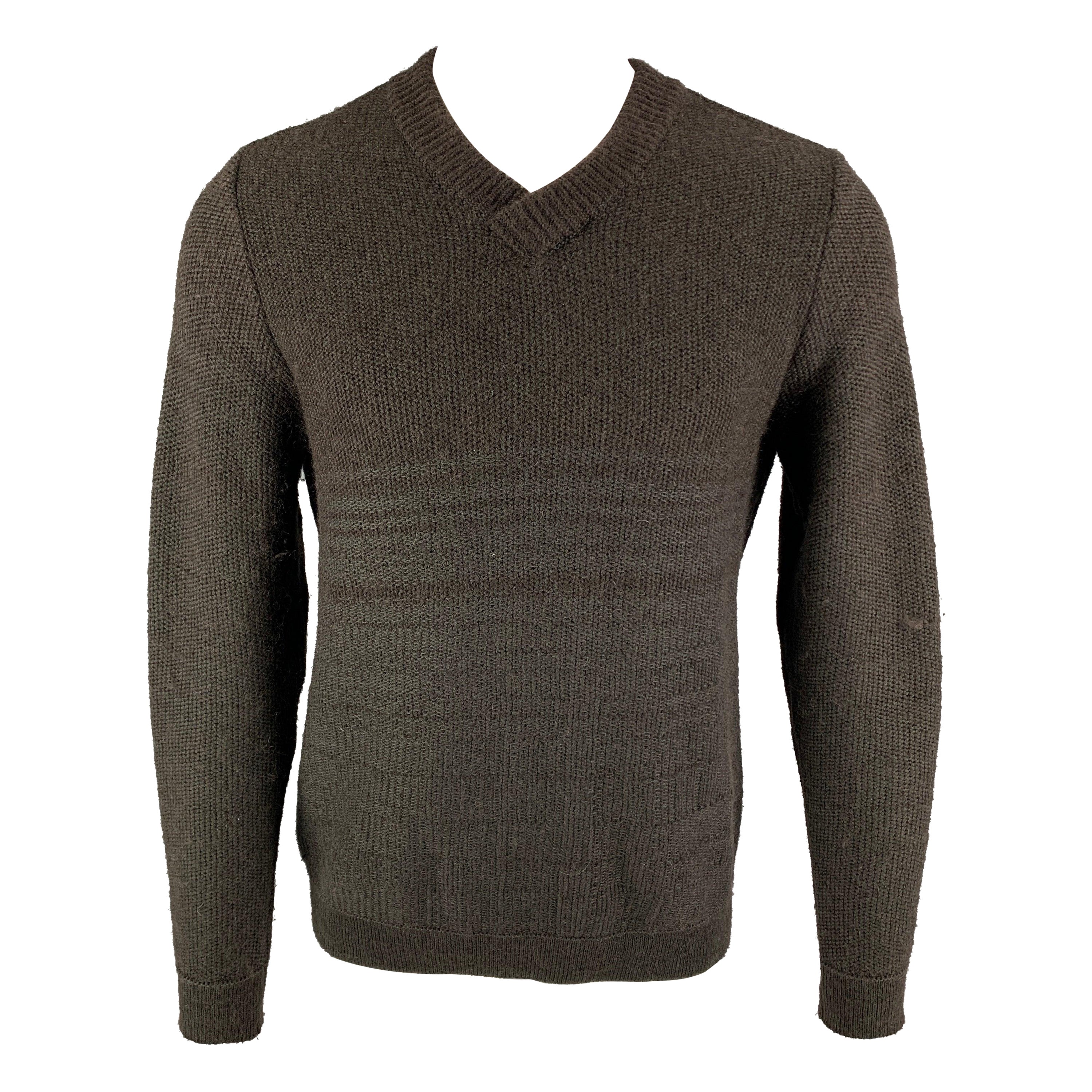 STEPHAN SCHNEIDER Size L Brown Grey Textured Wool Blend V-Neck Sweater For Sale