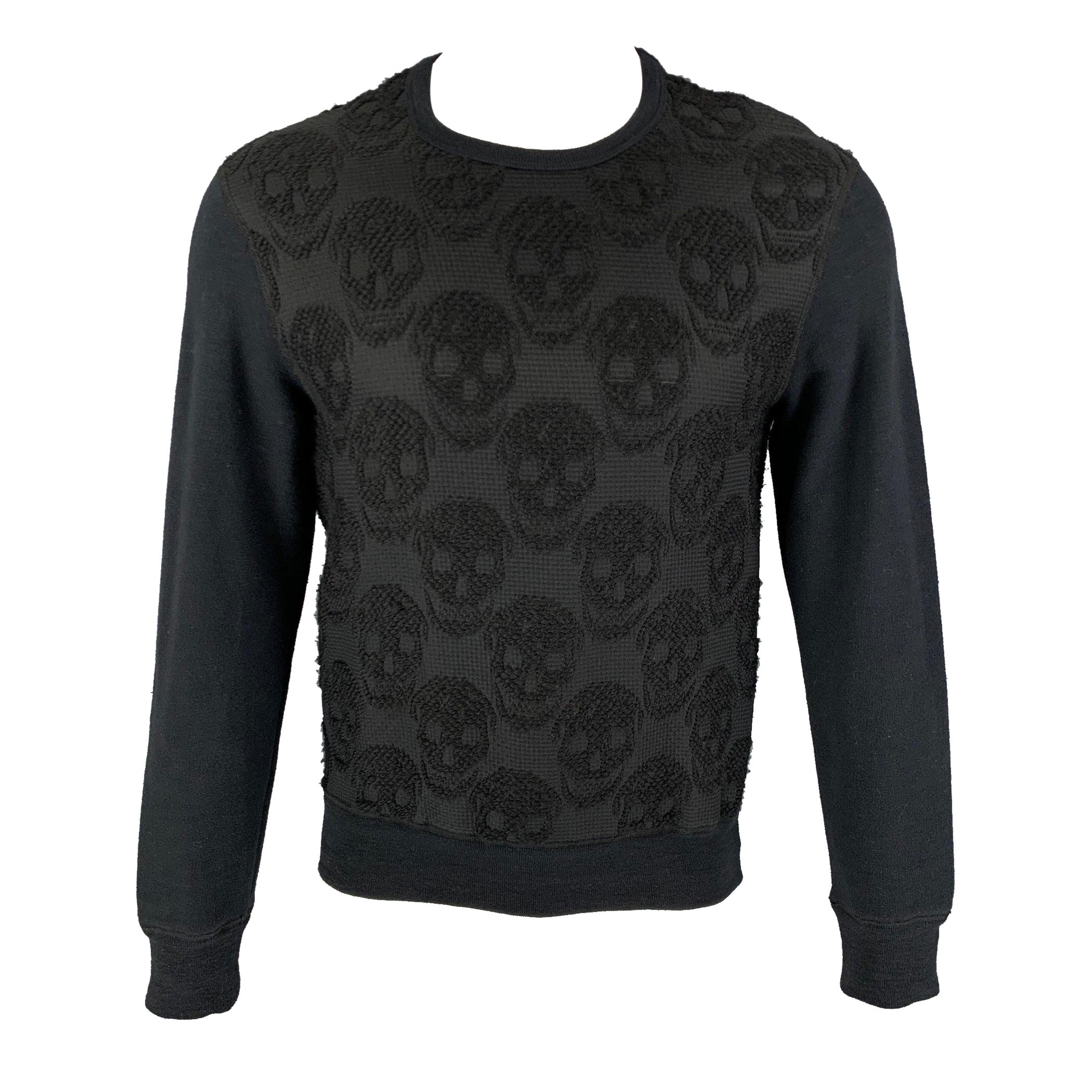 ALEXANDER MCQUEEN Size S Black Skulls Cotton Silk Crew-Neck Pullover For Sale