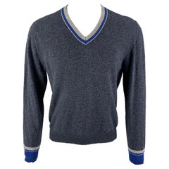 ETRO Size M Blue Gray Heather Wool V-Neck Pullover (Pull à col V)