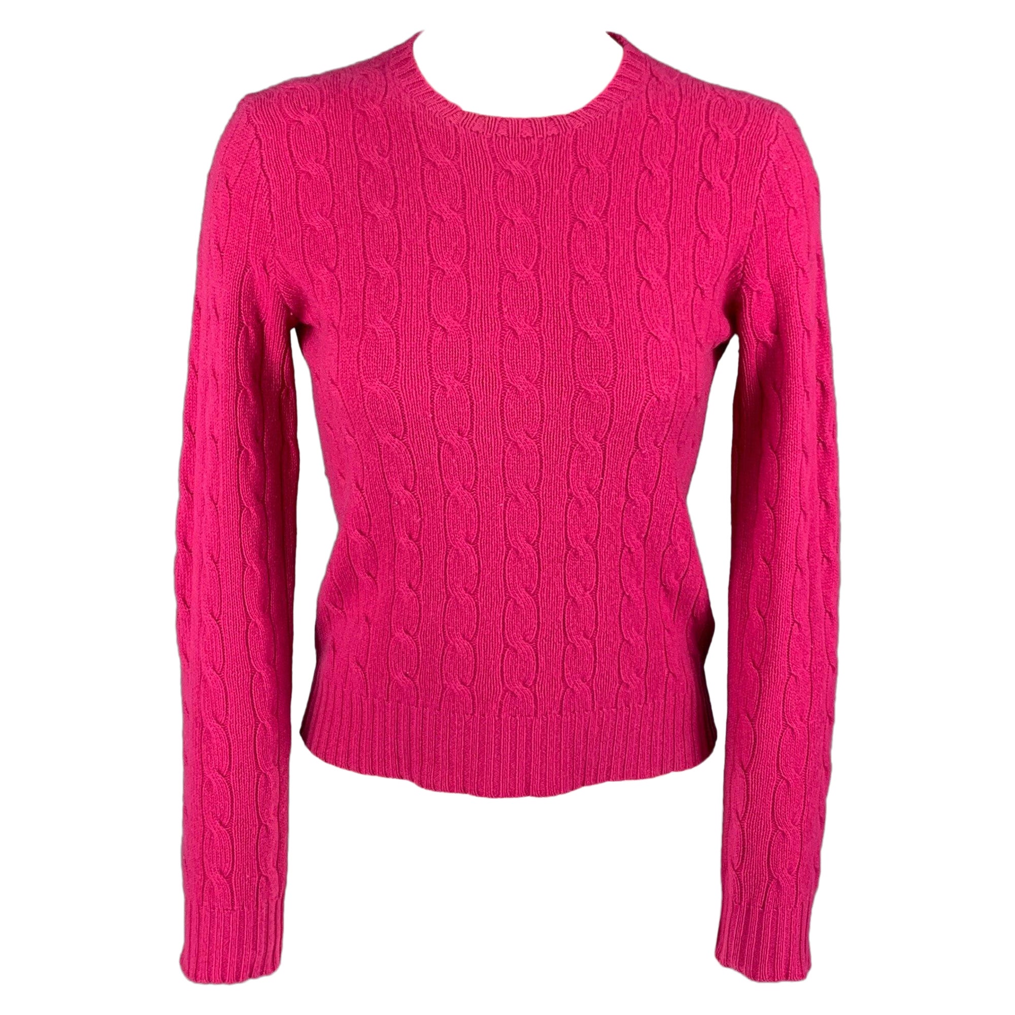 RALPH LAUREN Black Label Size M Raspberry Cashmere Cable Knit Crew-Neck Sweater For Sale
