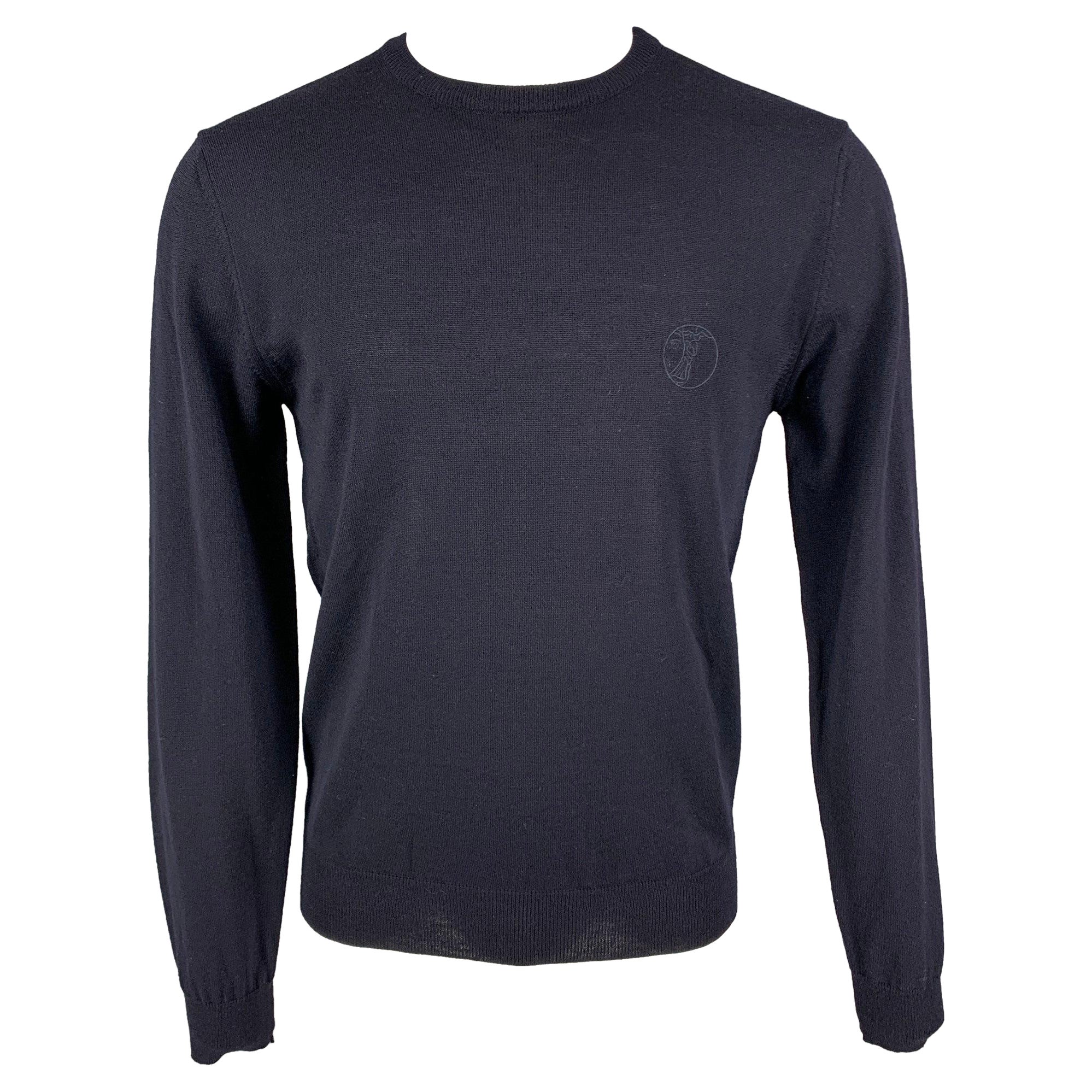 VERSACE COLLECTION Size L Navy Knitted Merino Wool Pullover For Sale