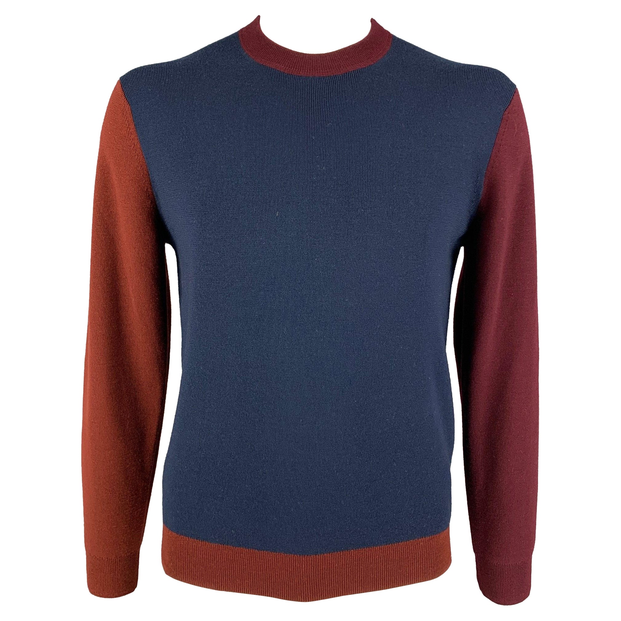 PAUL SMITH Size M Navy Burgundy Color Block Merino Wool Crew-Neck Sweater For Sale