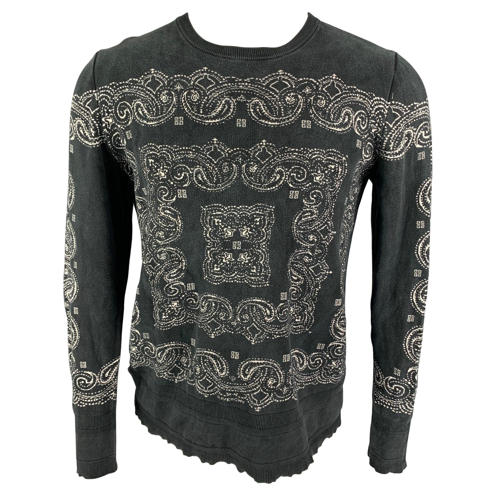 GIVENCHY Size S Black White Paisley Silk Distressed Pullover For Sale