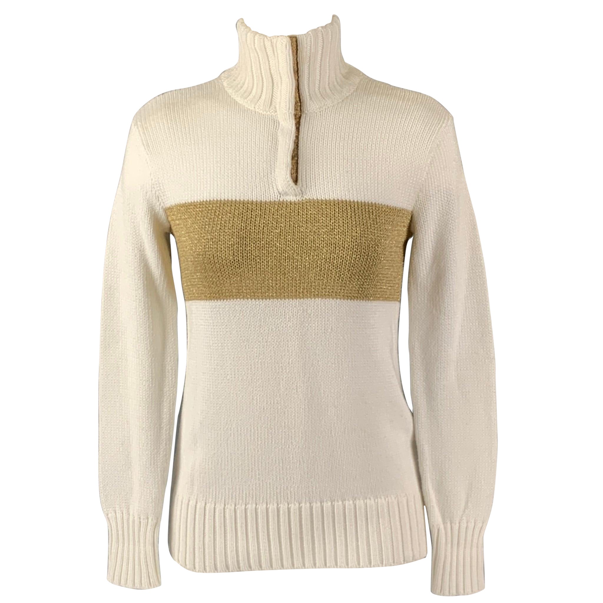 RALPH LAUREN Size XS Cream Gold Cotton Blend Color Block Sweater For Sale