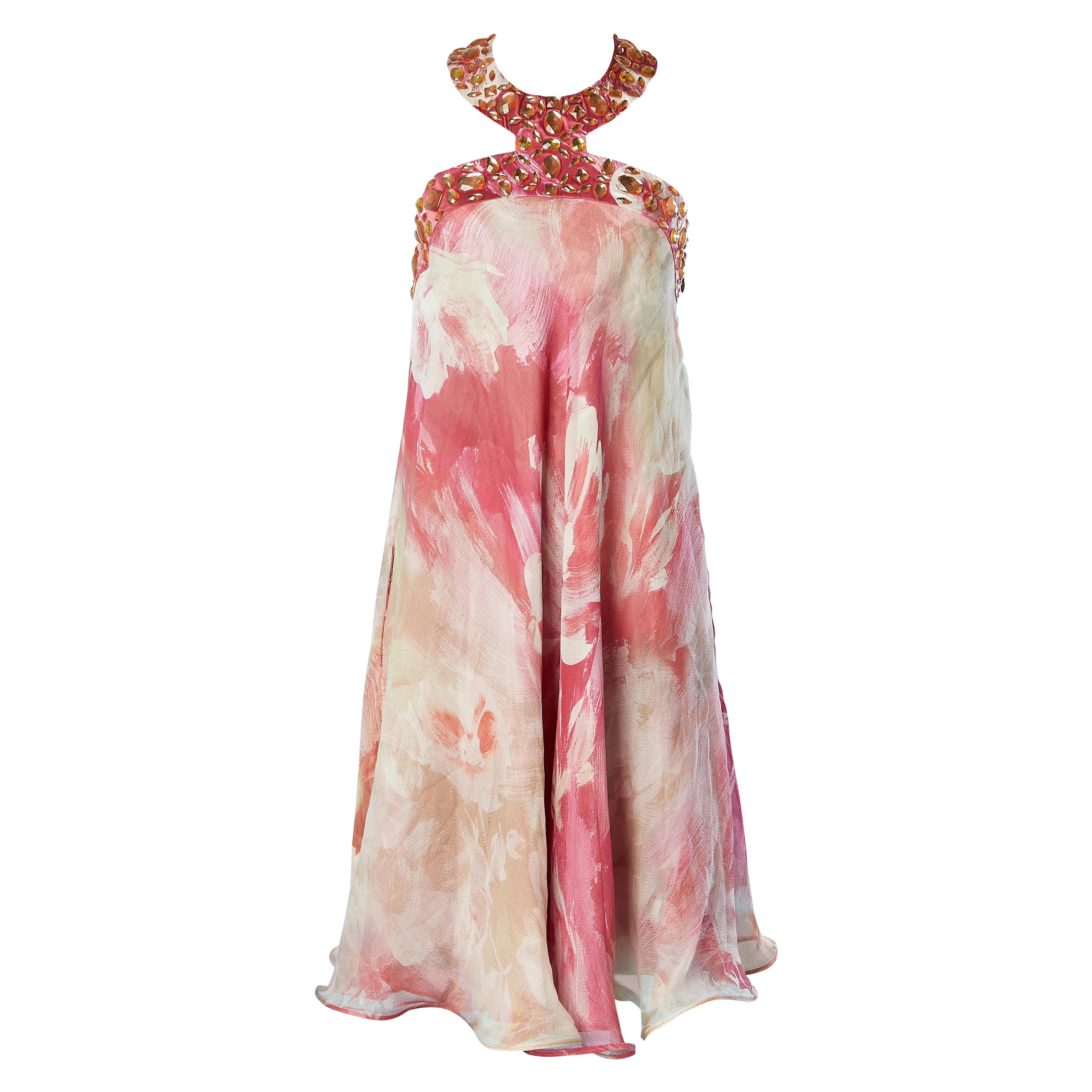 Backless cocktail dress in printed chiffon and rhinestone neckless Jiki 
