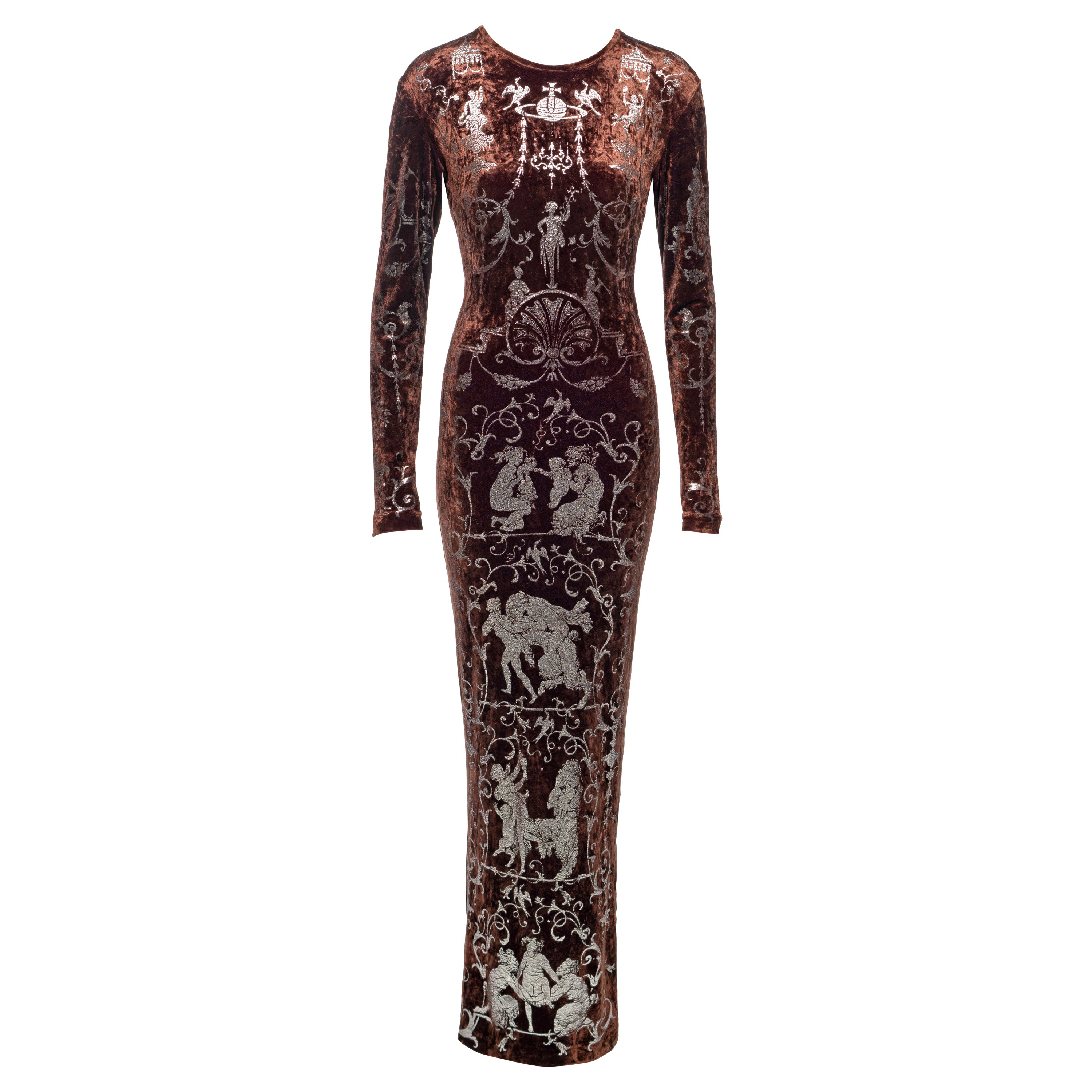 Vivienne Westwood Brown Crushed Velvet 'Portrait Collection' Maxi Dress, fw 1990 For Sale