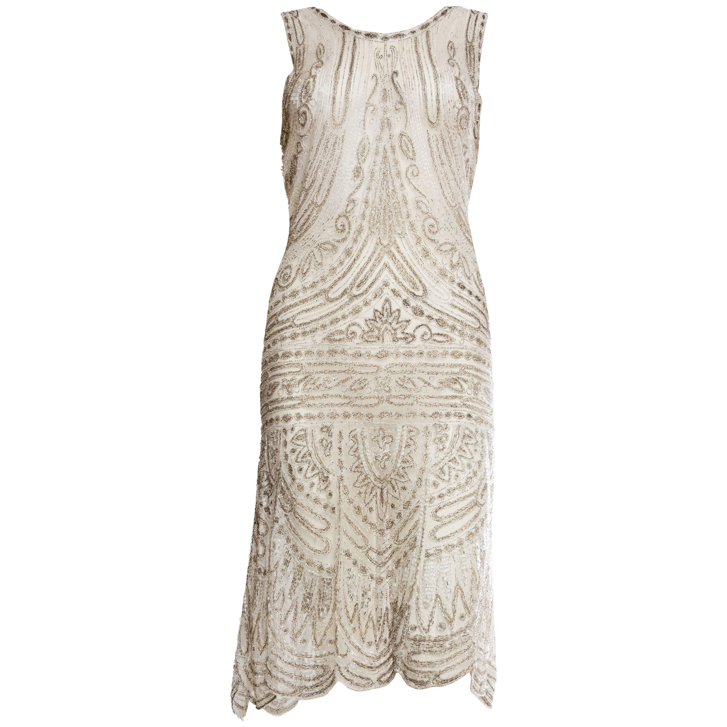 1920s Beaded Net Dress Embroidered with Silver Threads