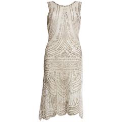 1920s Beaded Net Dress Embroidered with Silver Threads