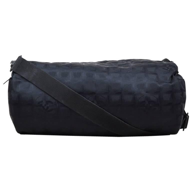 Chanel Black Nylon Leather Trim 'CC' Printed "Travel Line Duffle" Bag For Sale