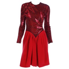 Vintage Bob Mackie Red Silk Dress With A V Shaped Waistline & Beads and Sequins