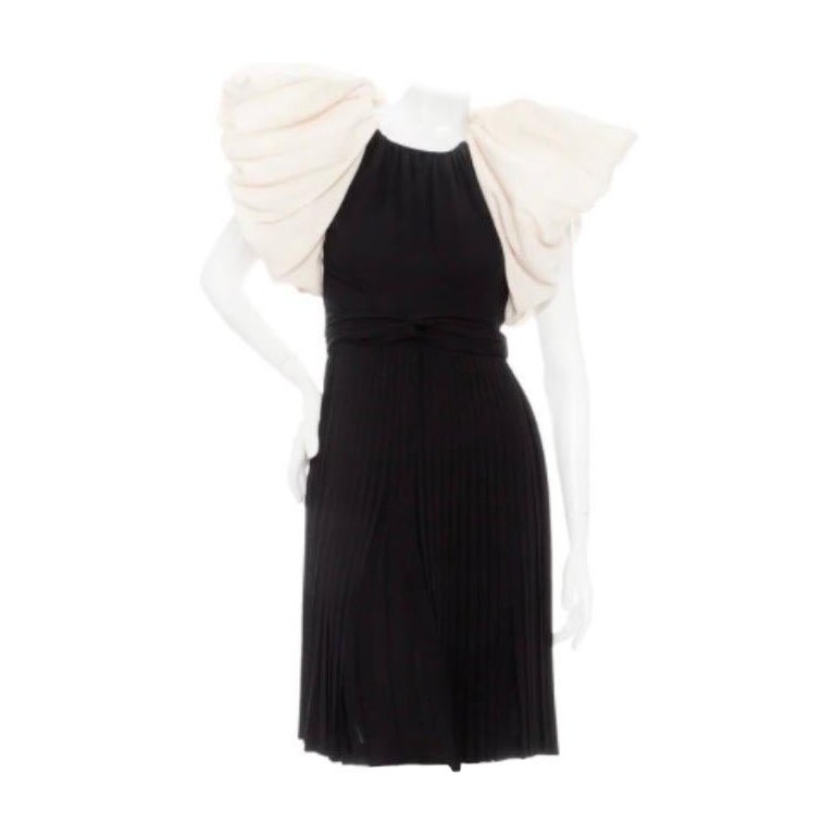 James Galanos 1980s Black and White Puff Sleeve Pleated Open Back Dress For Sale
