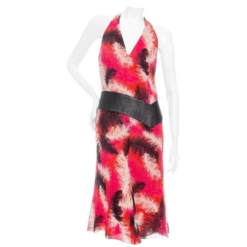 Gianni Versace 2001 Pink Silk-Blend Feather Print Halter Dress For Sale