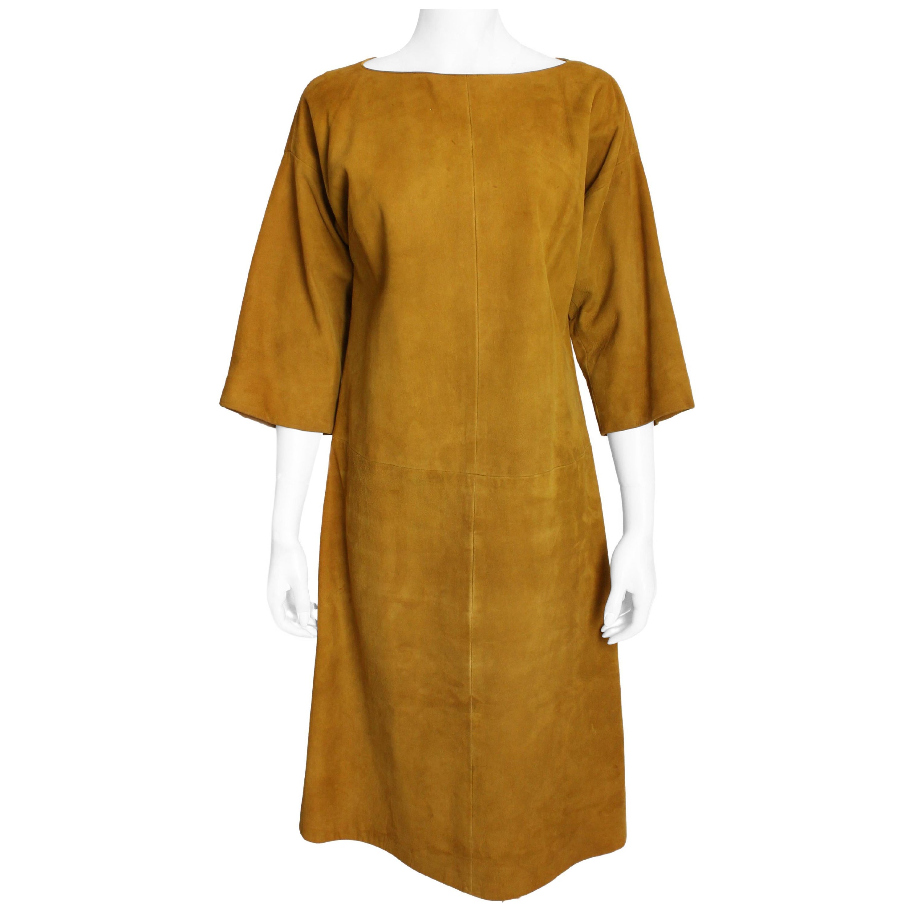 Bonnie Cashin for Sills Dress Gold Suede Leather Kimono Style Sleeves Rare 1960s For Sale