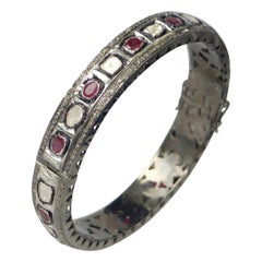 Retro style rose cut uncut polki diamond ruby oxidized sterling silver bracelet