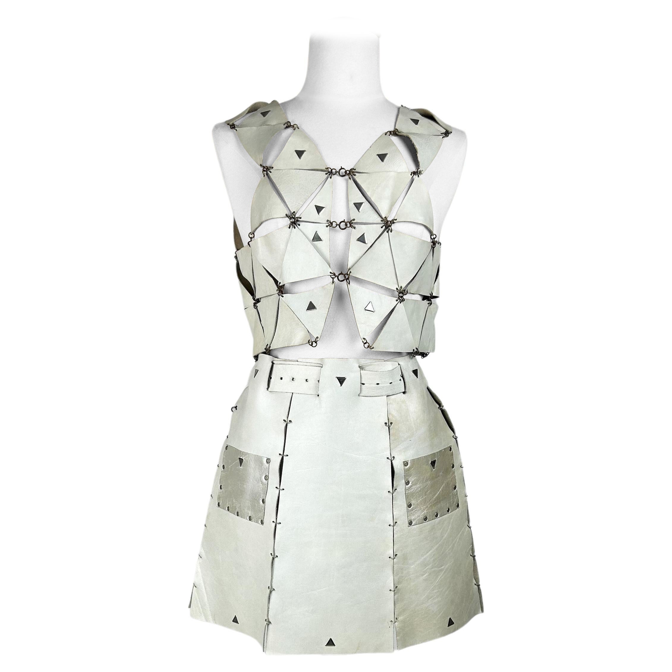 A Couture Leather skirt and top set by Paco Rabanne - Paris 1967 For Sale