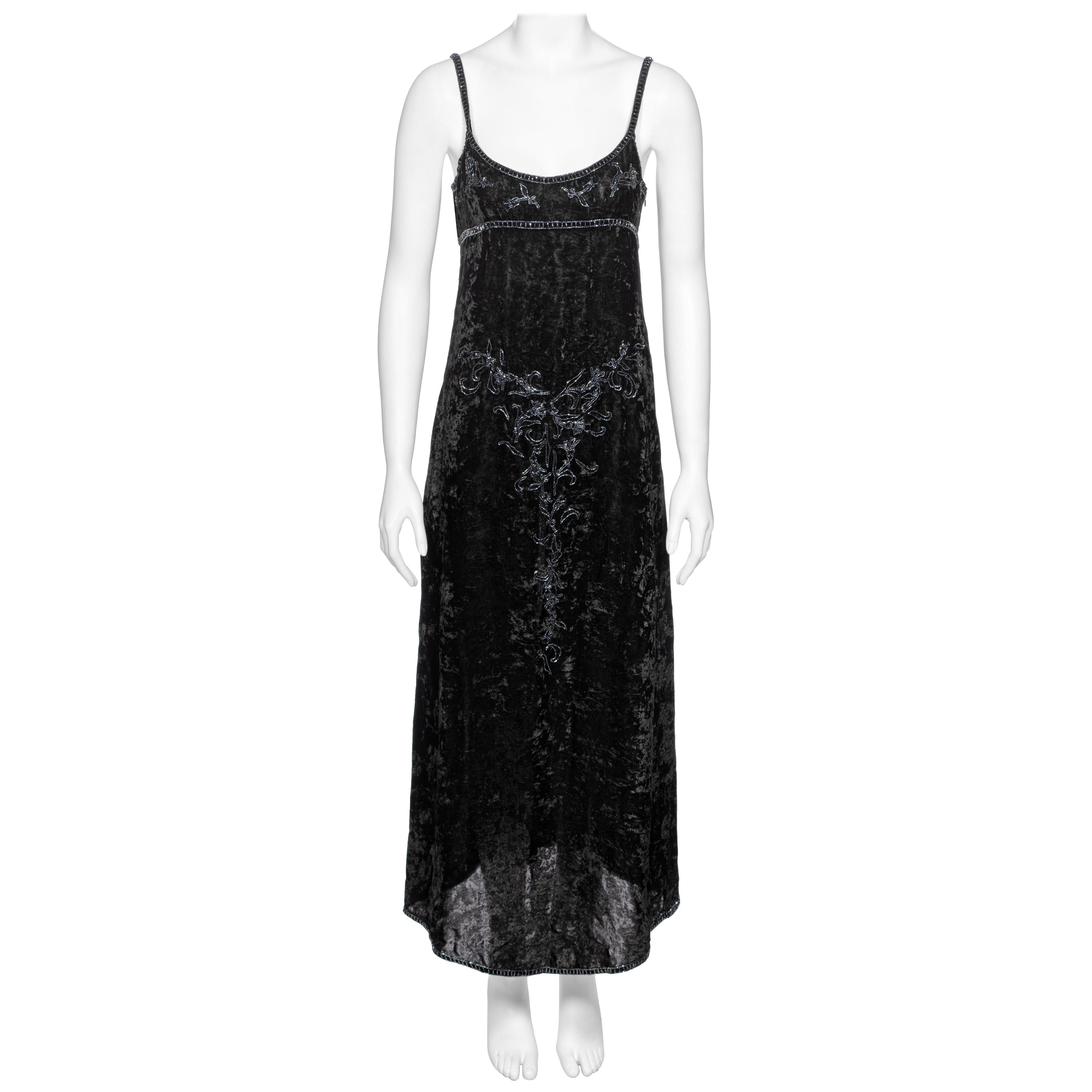 Prada by Miuccia Prada Black Crushed Velvet Bead Embroidered Slip Dress, fw 1997