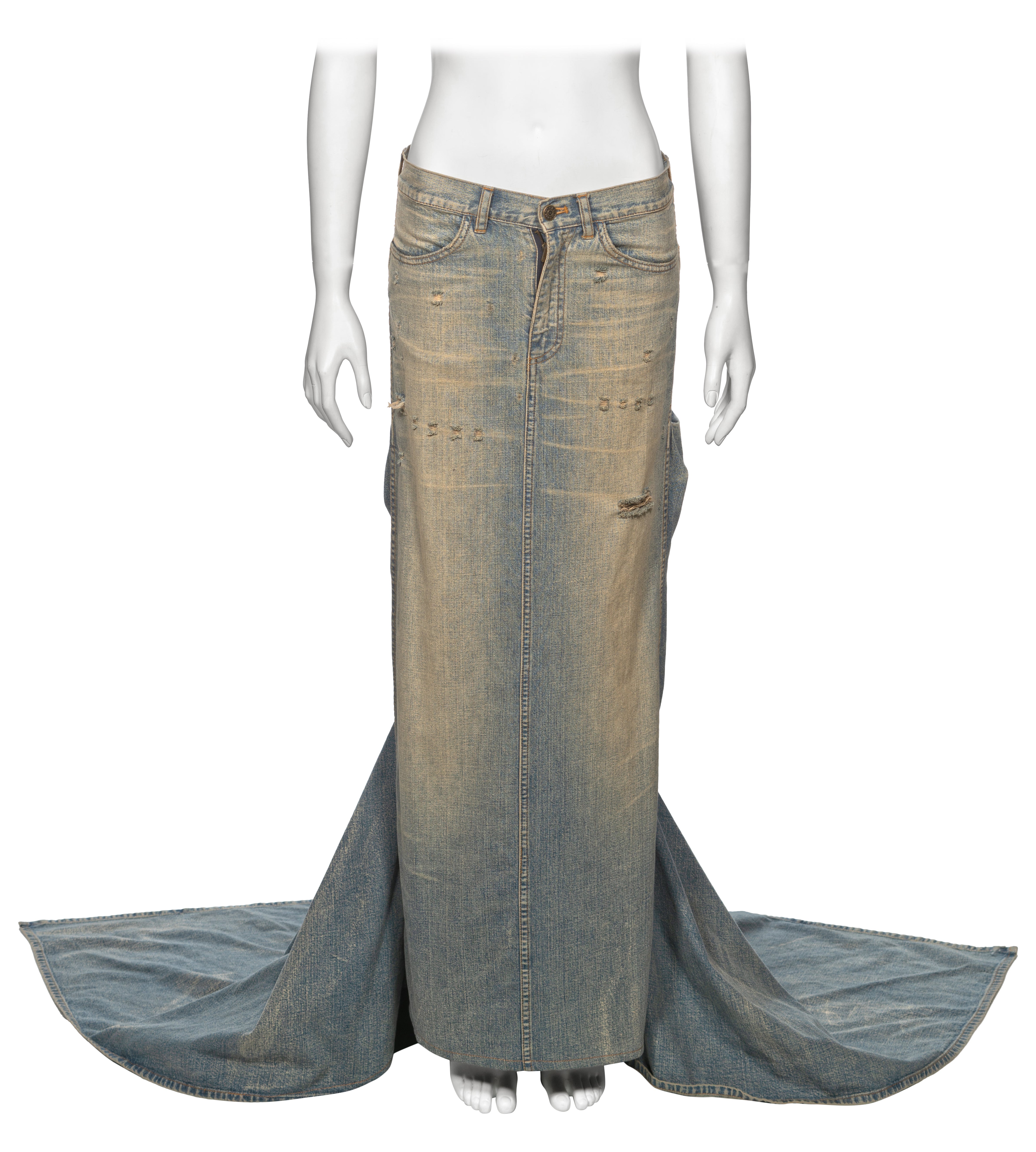 Ralph Lauren Distressed Sand Washed Denim Maxi Skirt with Train, ss 2003 For Sale