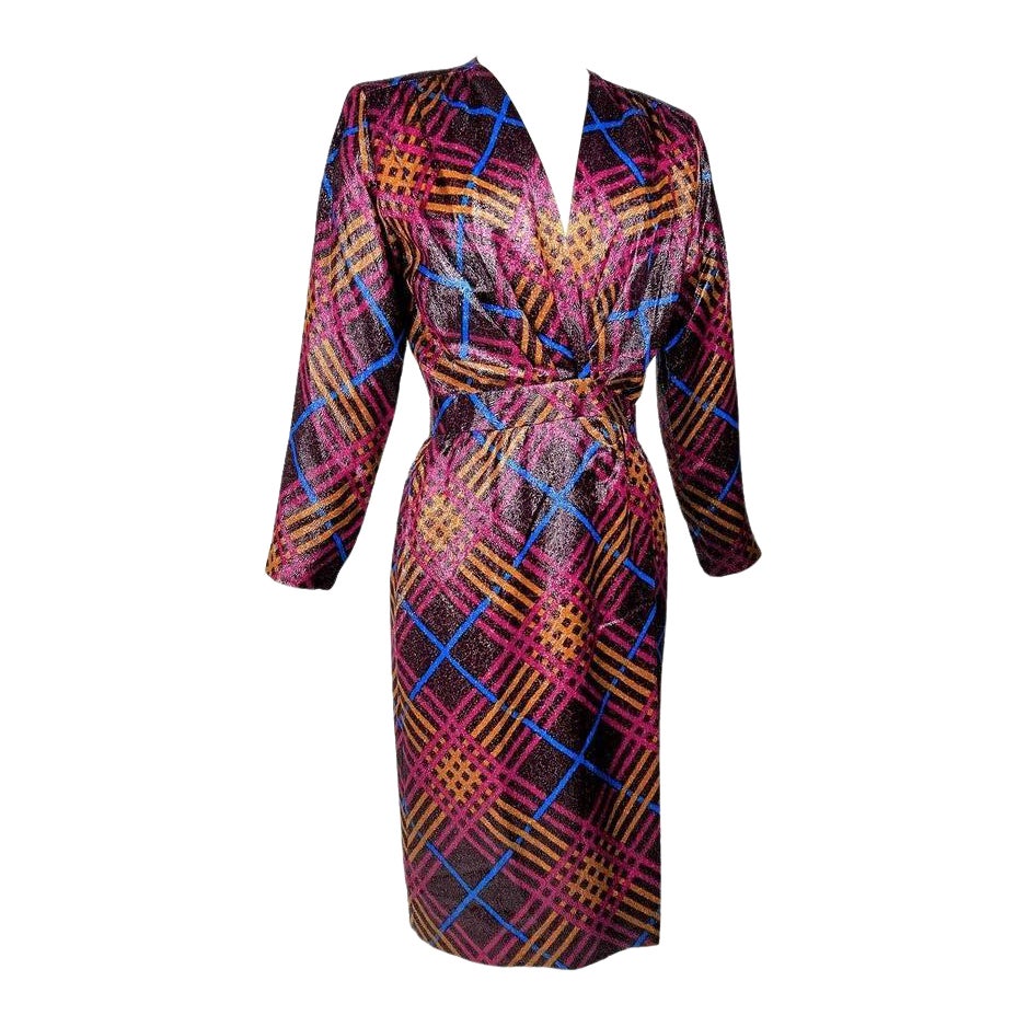 Yves Saint Laurent Rive Gauche dress in lurex lamé with checks Circa 1990 For Sale