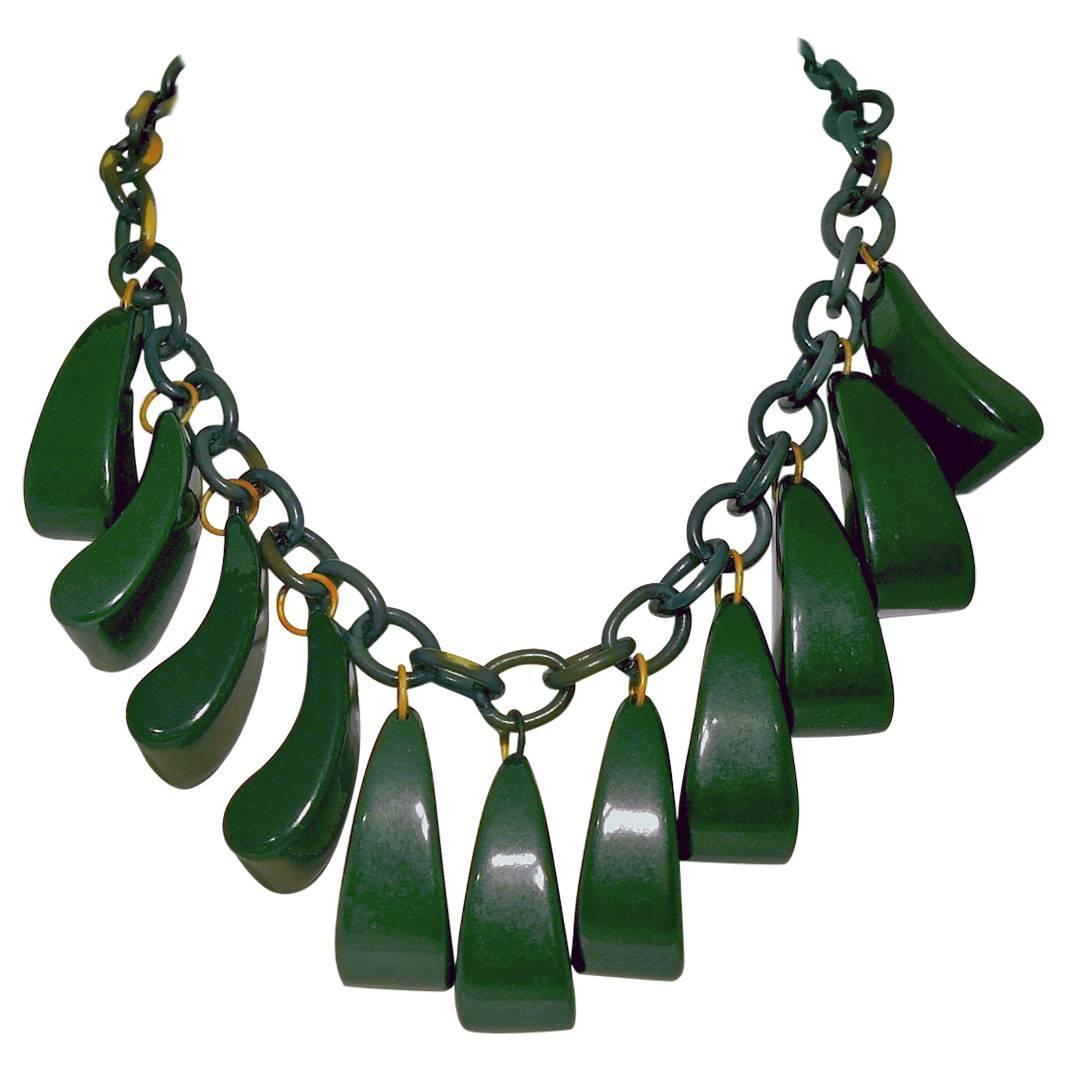 Vintage 1930s Green Bakelite Book Piece Necklace For Sale