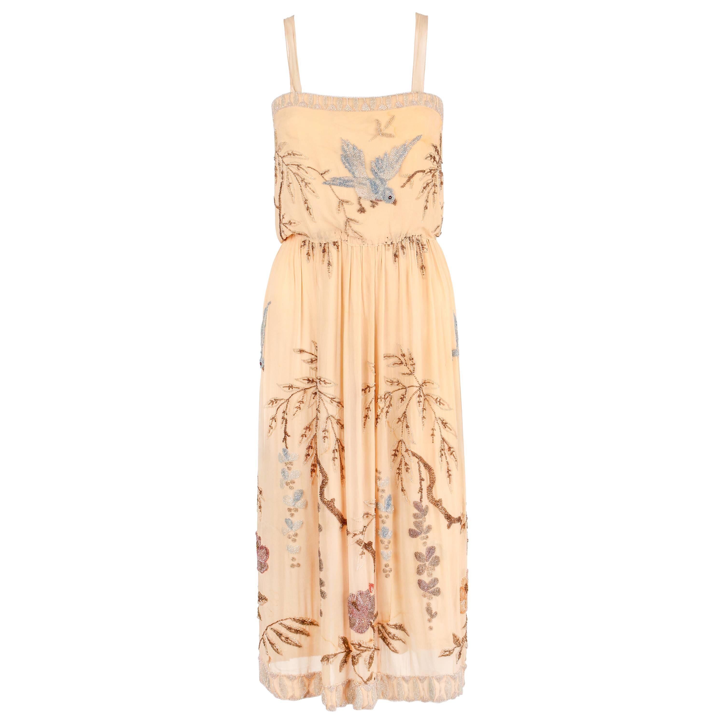 SADIE NEMSER c.1920's Cream Floral Bird Bead Embellished Silk Evening Dress 